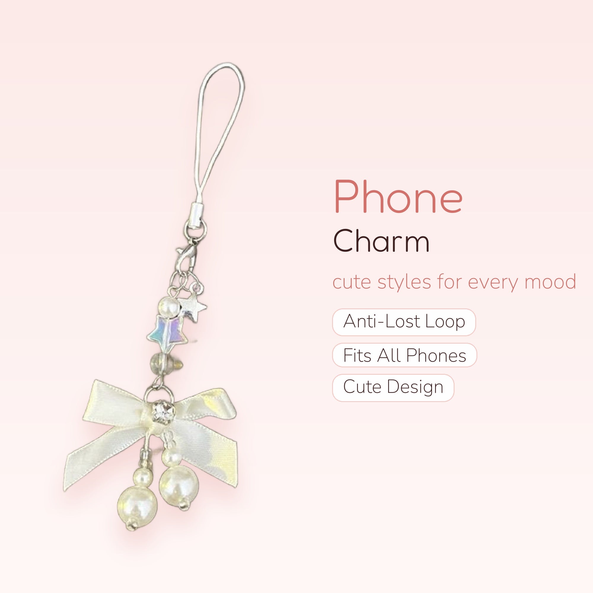 Cute White Bow & Pearl Phone Charm | Aesthetic Beaded Star Phone Strap