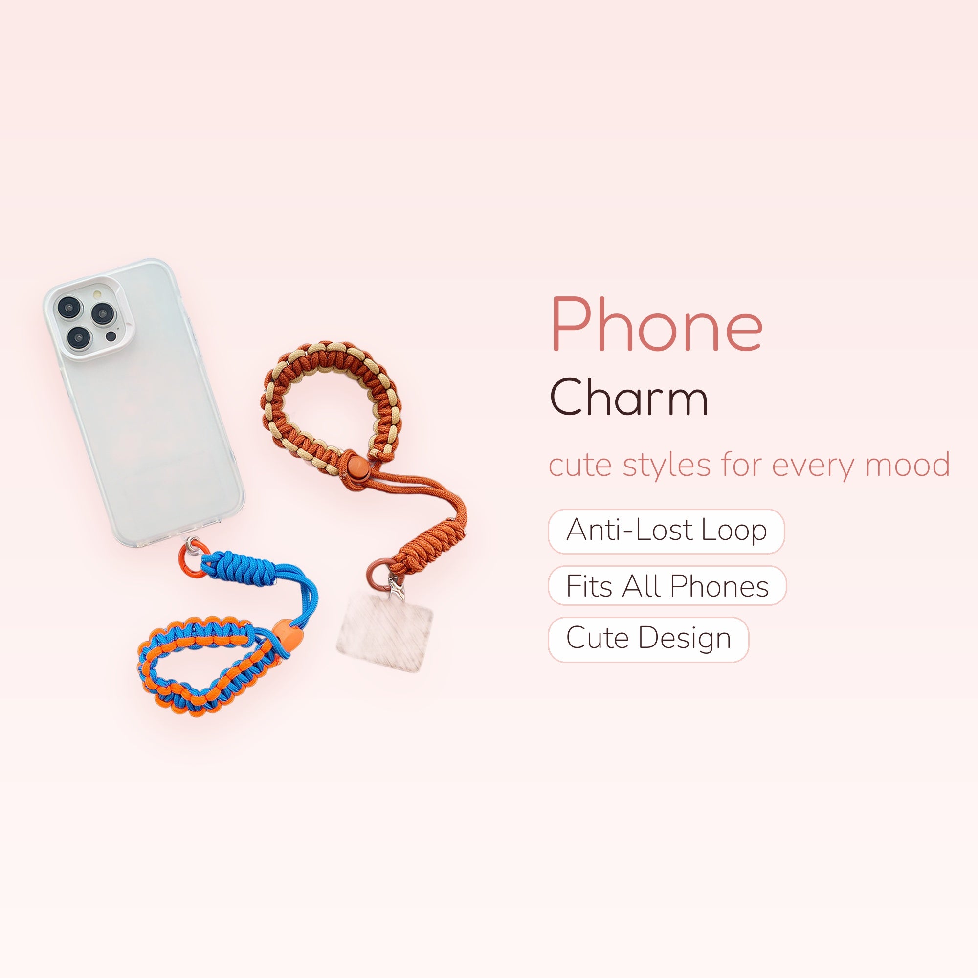 Braided Paracord Phone Charm Wristlet | Aesthetic Orange & Blue Phone Lanyard