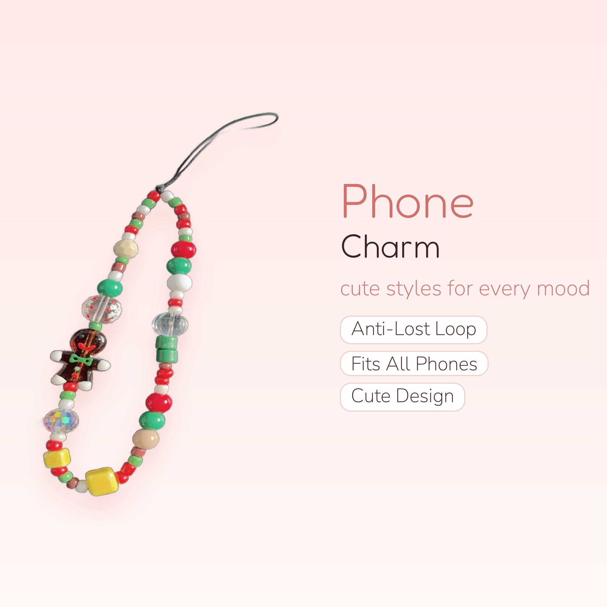 Christmas Gingerbread Man Phone Charm | Festive Beaded Wrist Strap