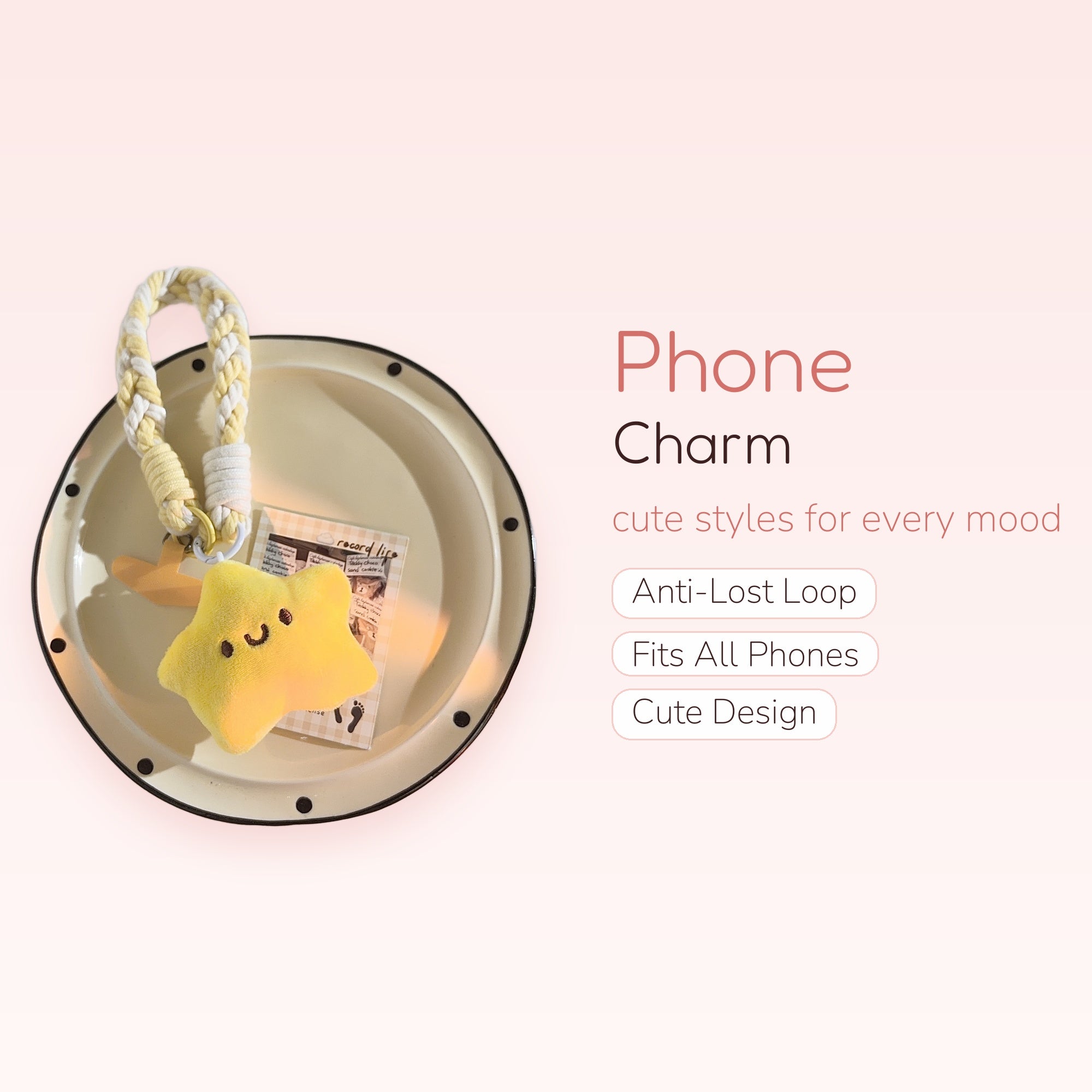 Cute Braided Yellow & White Phone Charm | Plush Star Wrist Strap