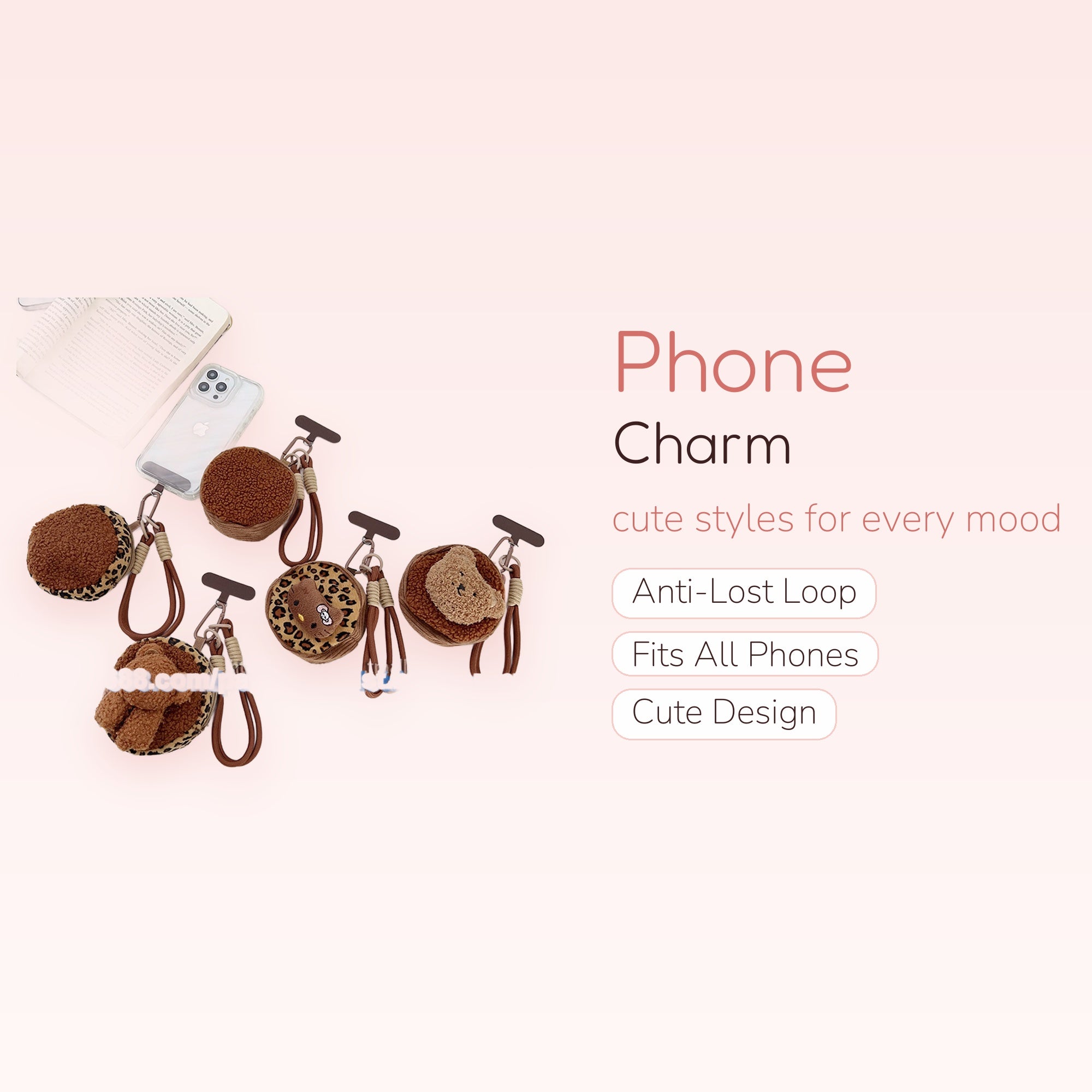 Leopard Print Teddy Bear Phone Charm Strap | Cute Fluffy Wrist Lanyard