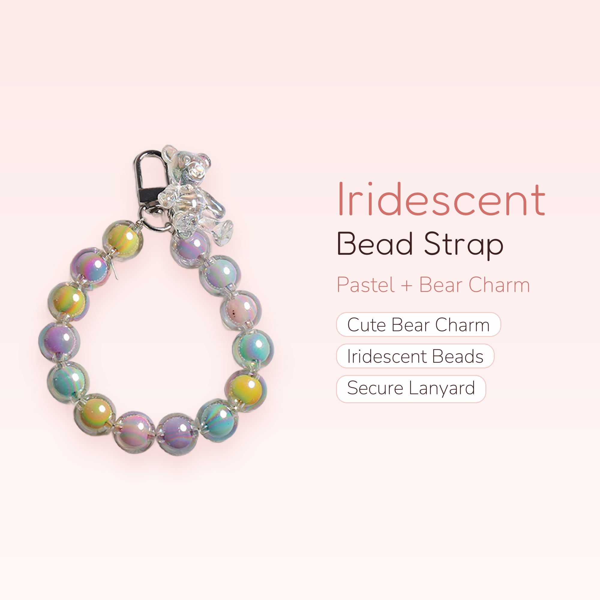 Iridescent Pastel Bead Phone Charm Strap | Cute Bear Wrist Lanyard