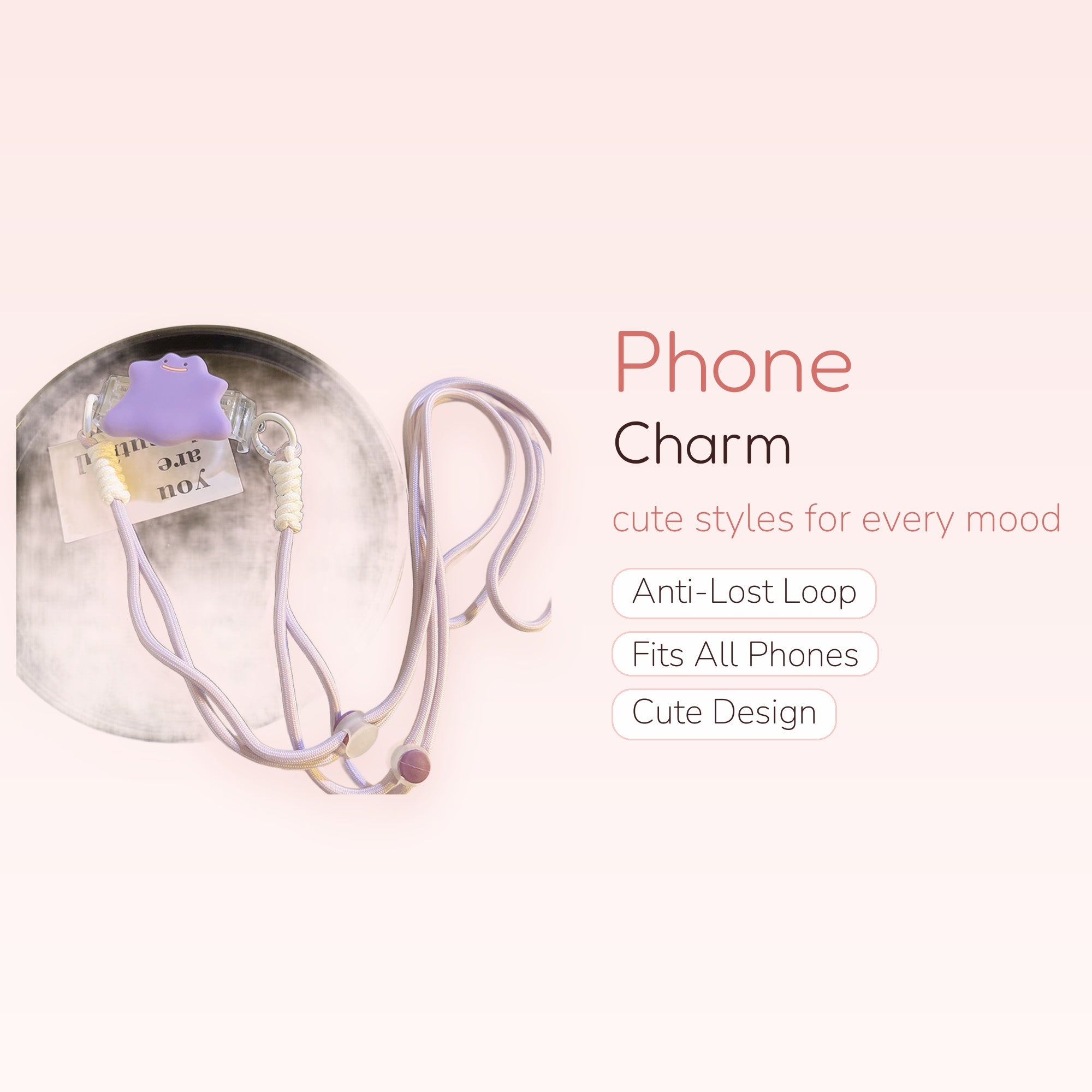 Kawaii Purple Ditto Phone Lanyard | Pastel Purple Adjustable Neck Strap