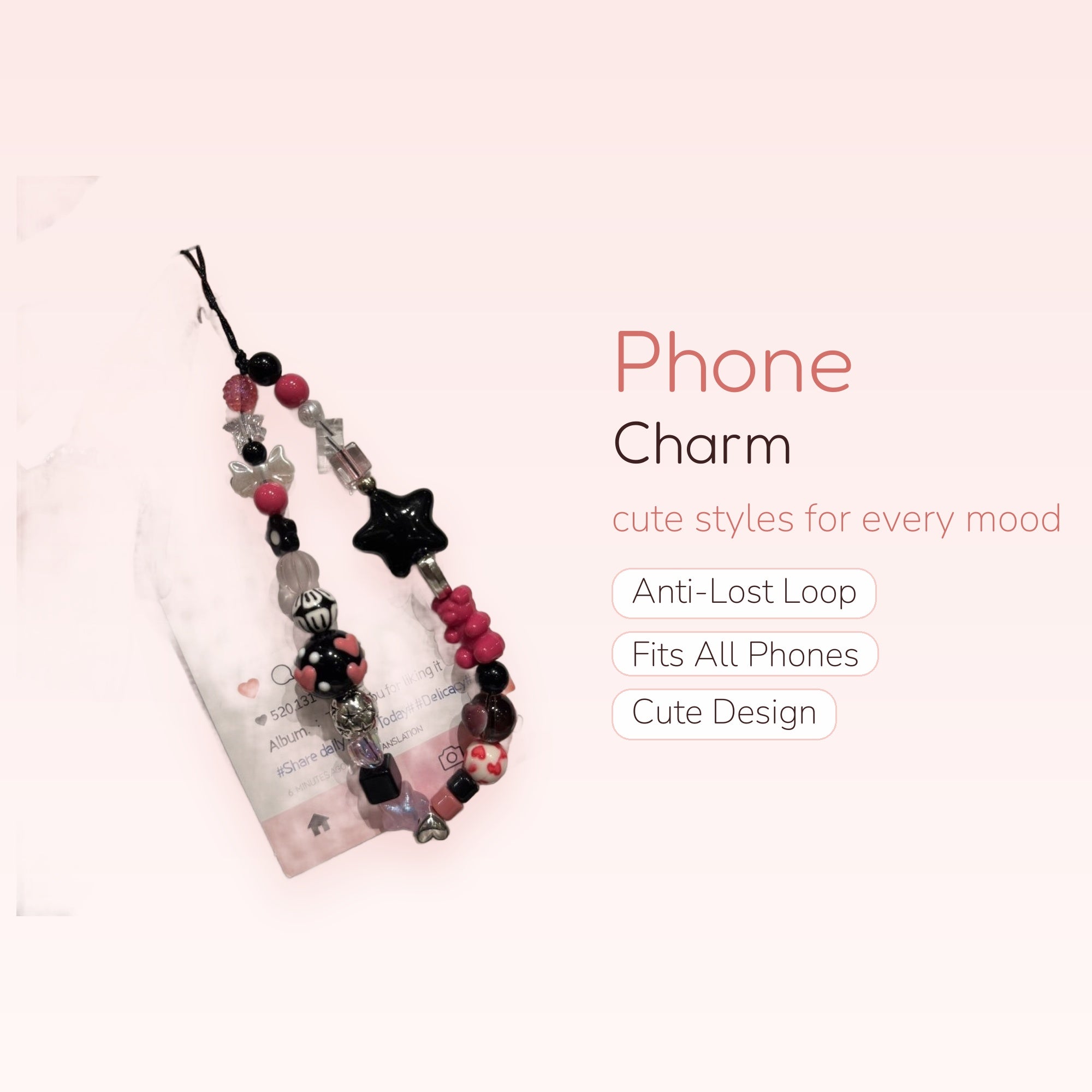 Kawaii Pink & Black Beaded Phone Charm Strap | Y2K Star & Heart Wrist Lanyard