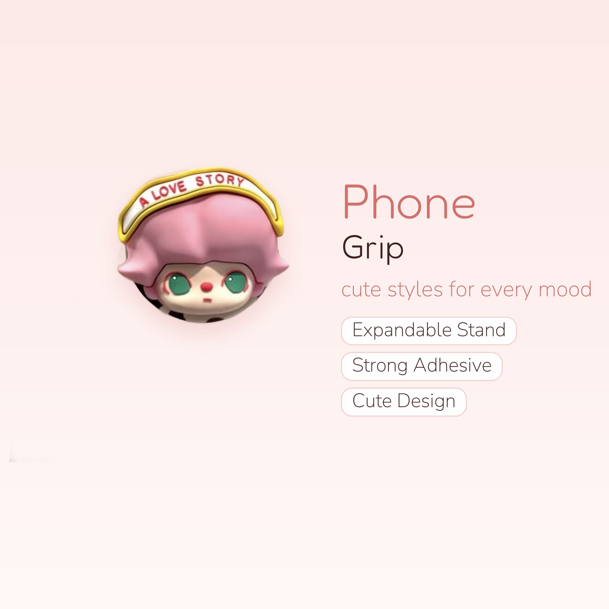 Kawaii Pink Hair Girl Phone Grip | Cute "A Love Story" Pop Socket Stand