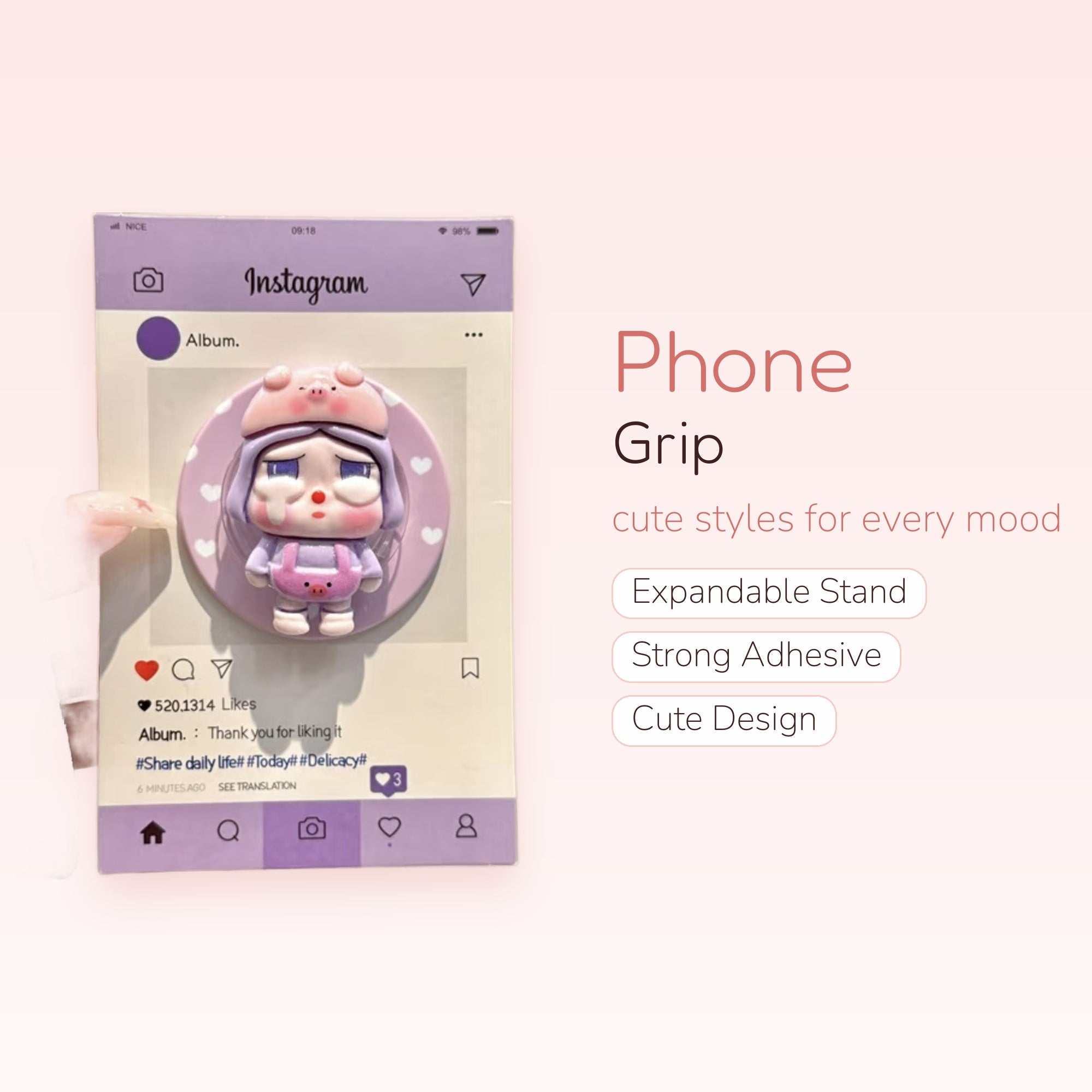 Kawaii Purple Crying Piggy Phone Grip | Aesthetic Instagram Pop Socket Stand