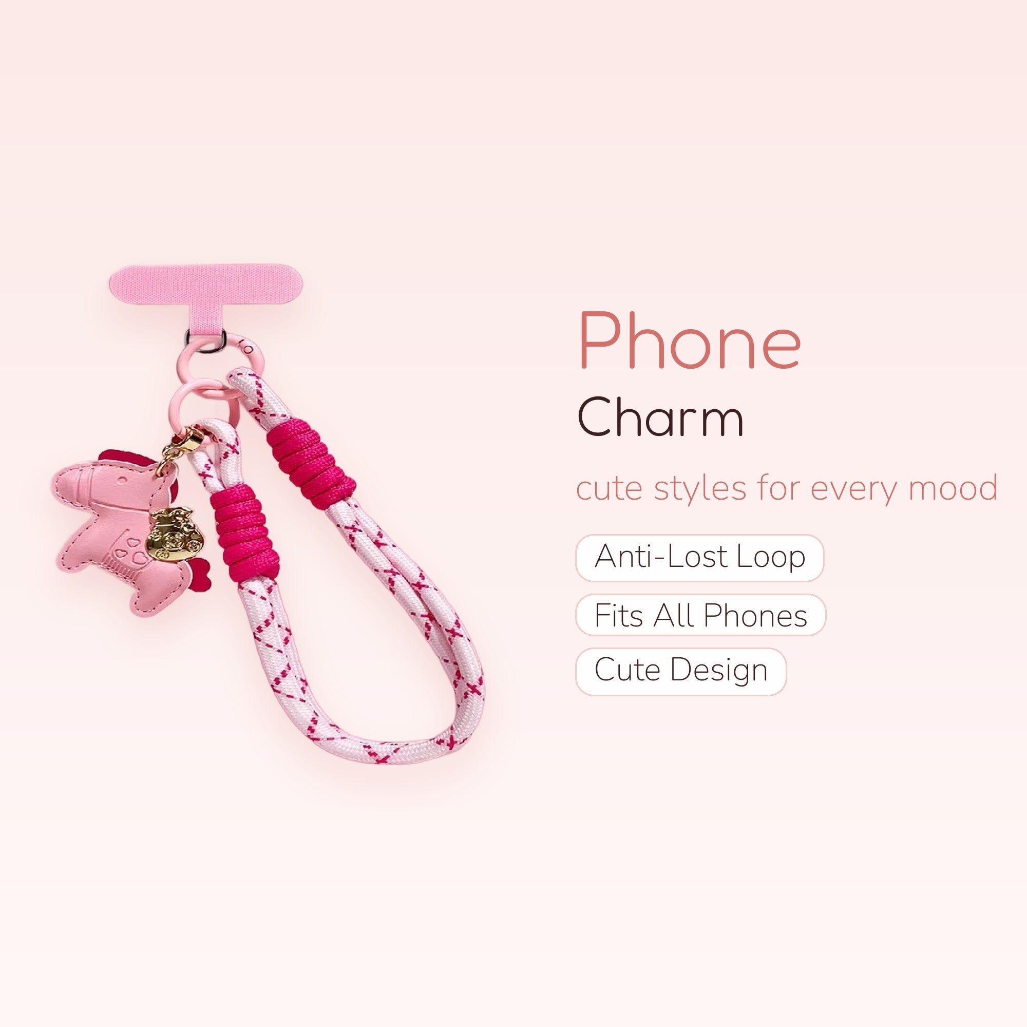 Pink Horse & Money Bag Phone Charm | Lucky Wrist Lanyard with Phone Patch
