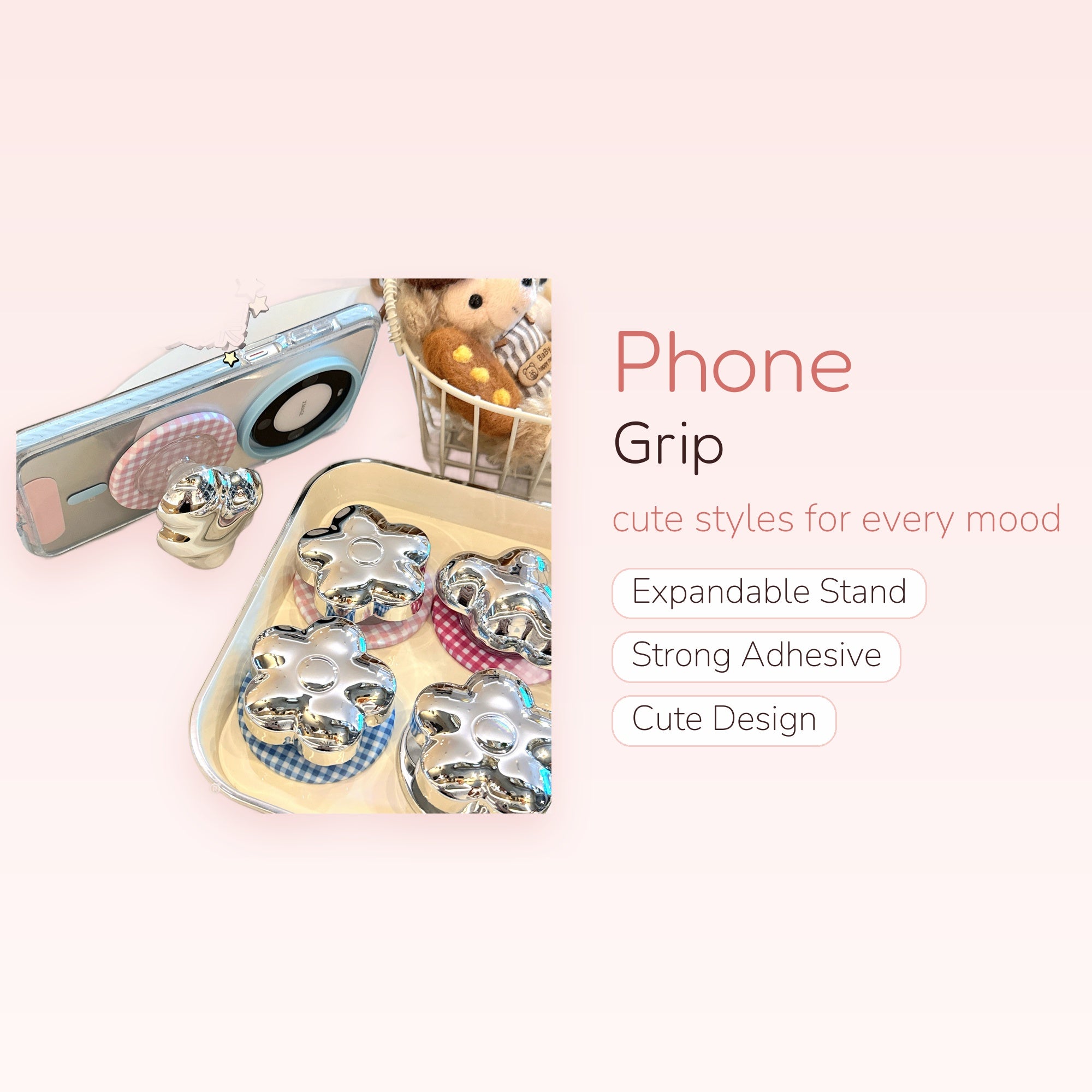 Chrome Flower Phone Grip | Kawaii Y2K Expandable Pop Socket Stand