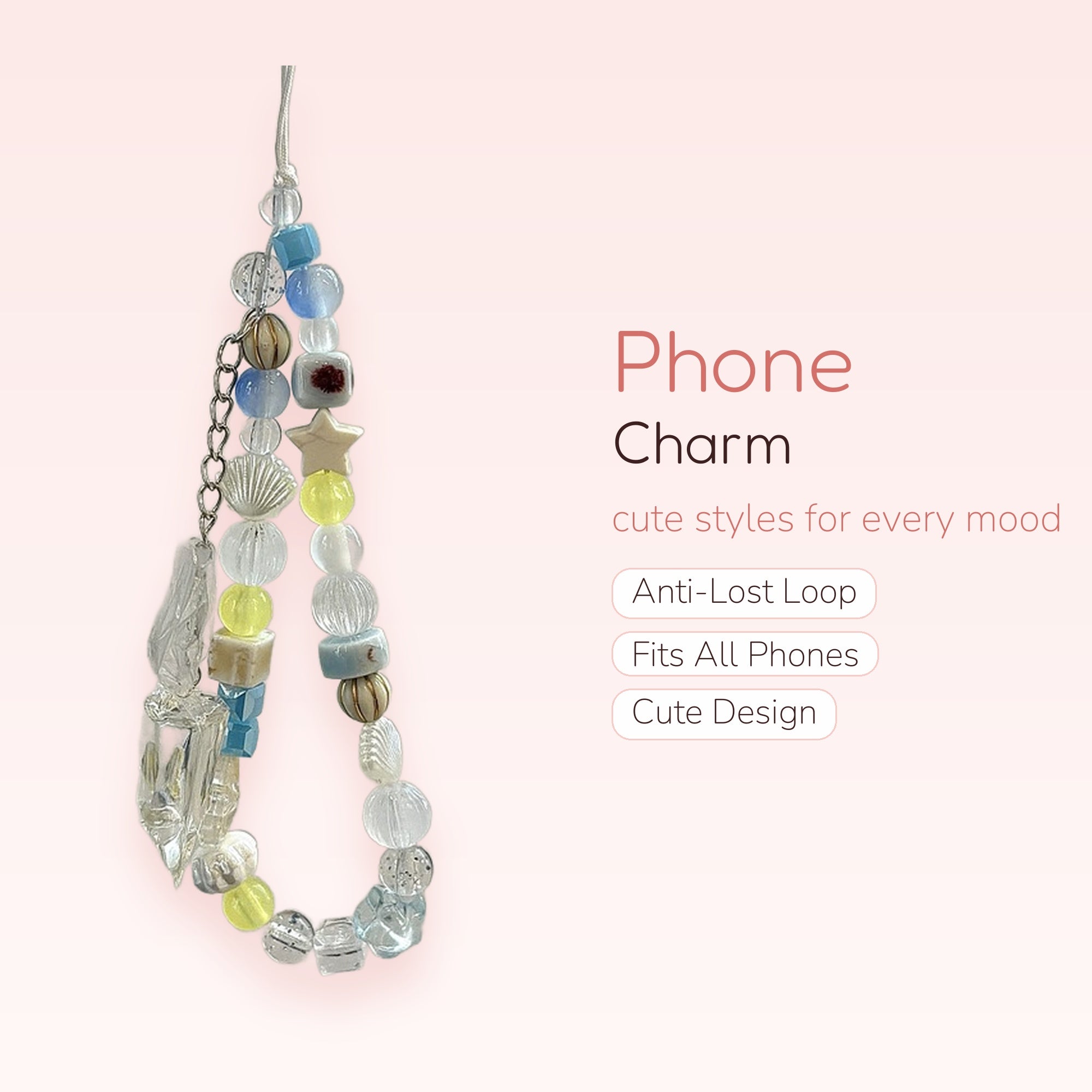 Aesthetic Blue & Yellow Beaded Phone Charm | Seashell Star Clear Crystal Wrist Strap