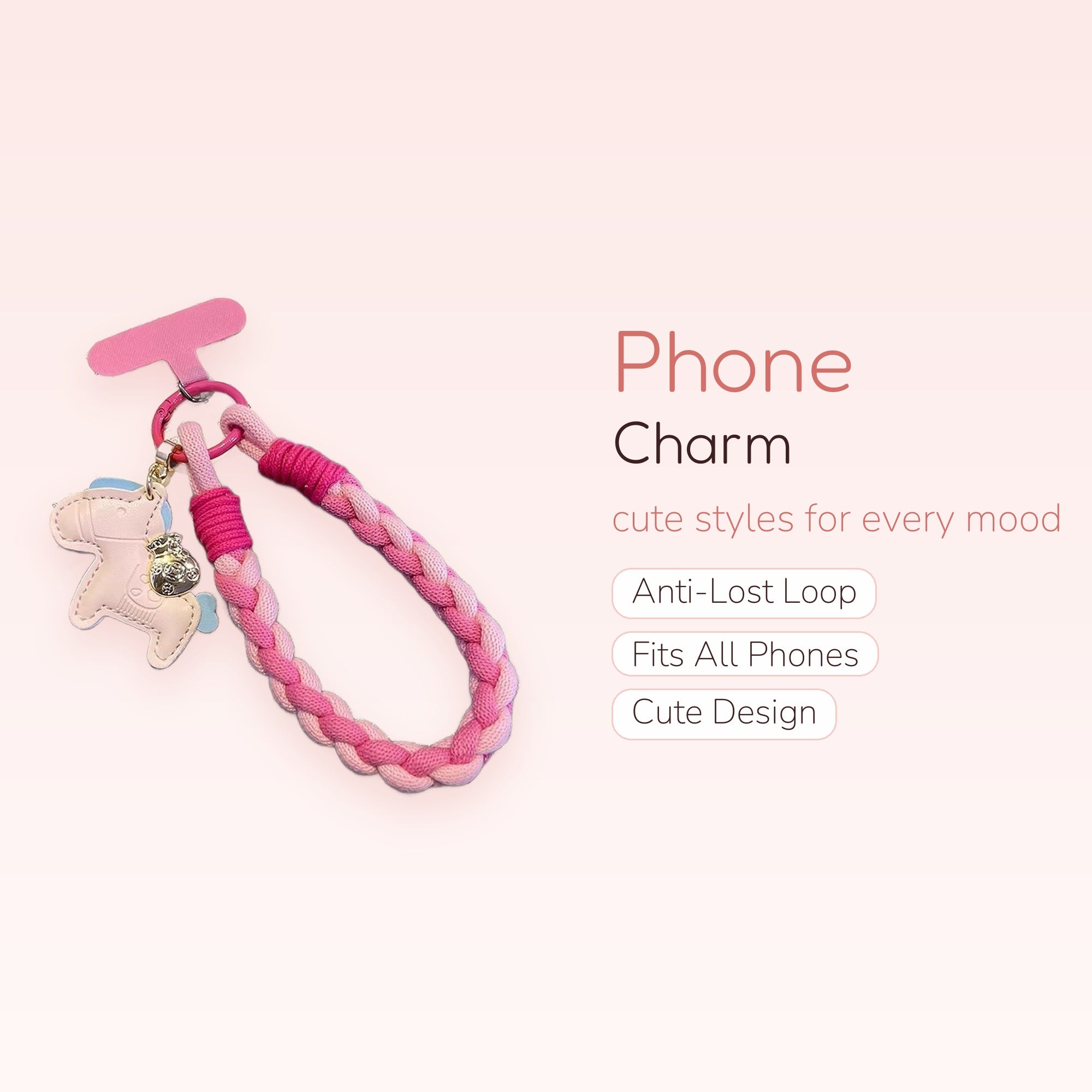 Kawaii Pink Braided Horse Phone Charm | Cute Wrist Lanyard Strap