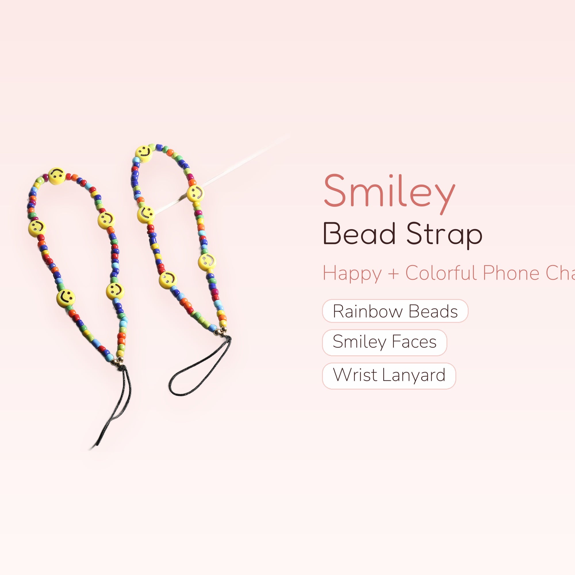 Smiley Face Bead Phone Charm Strap | Rainbow Wrist Lanyard