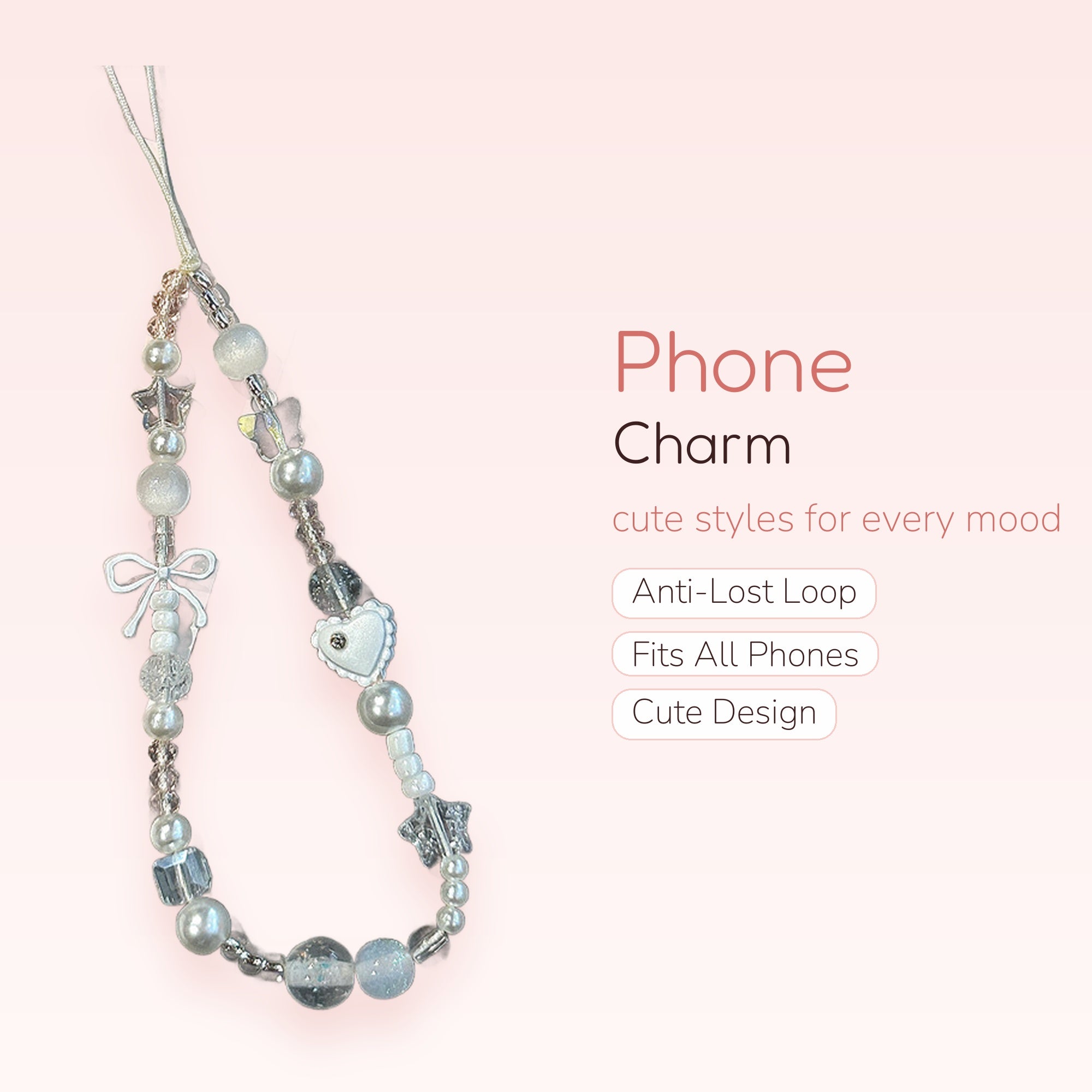 Kawaii White Pearl & Clear Beaded Phone Charm | Aesthetic Star & Heart Wrist Strap