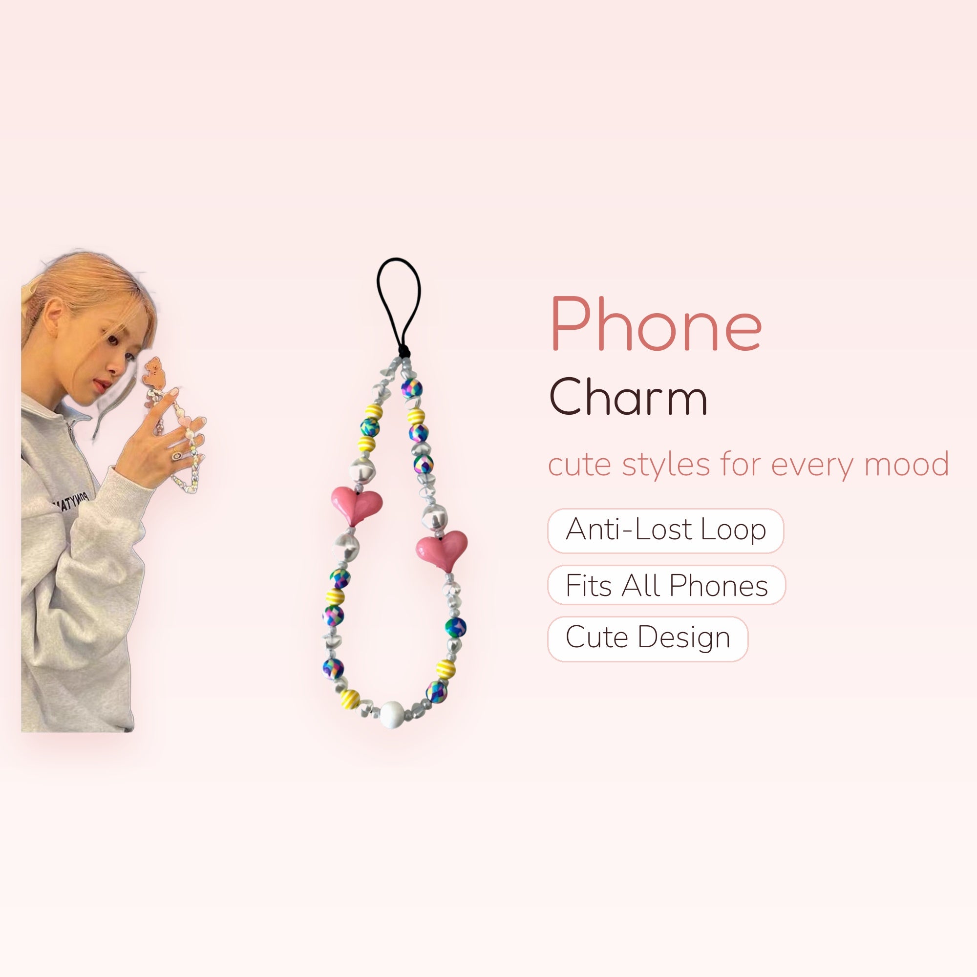 Kawaii Pearl & Heart Phone Charm Strap | Y2K Beaded Wrist Lanyard
