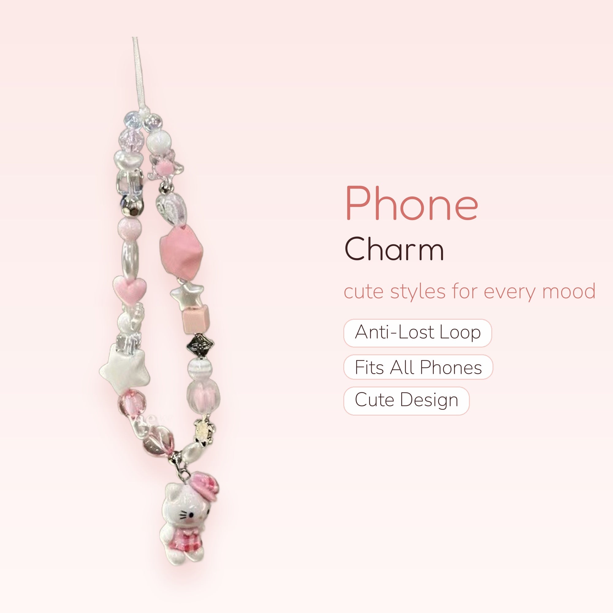 Kawaii Pink & White Beaded Phone Charm | Hello Kitty Star Heart Wrist Strap