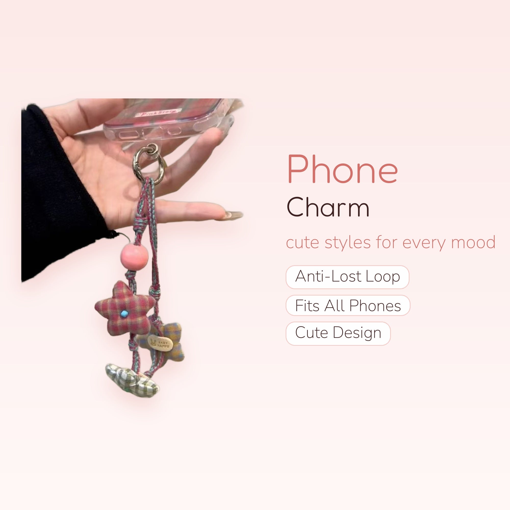 Plaid Star & Butterfly Phone Charm | Cute Fabric Keychain Wrist Strap