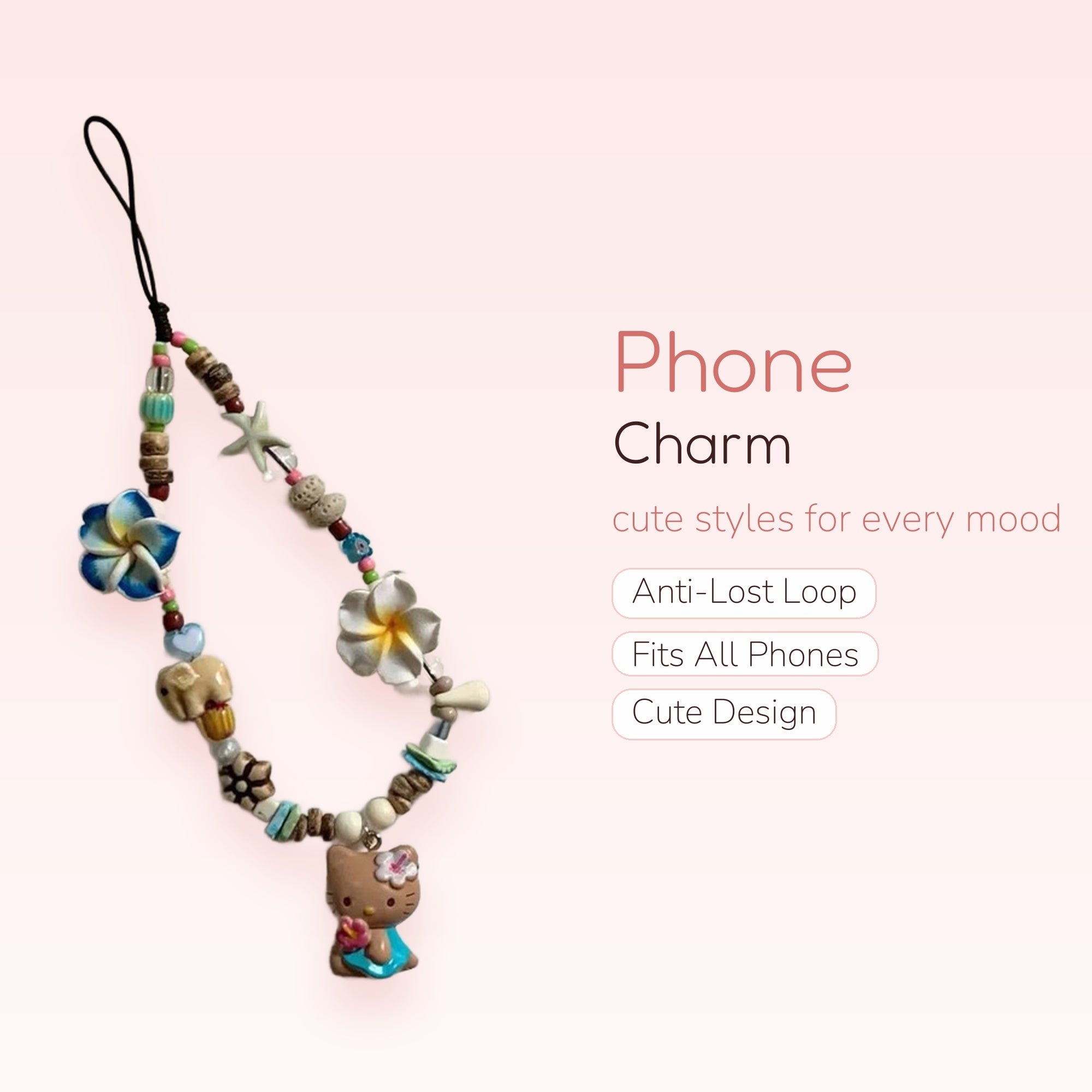 Tropical Hello Kitty Beaded Phone Charm | Hawaiian Plumeria Flower Wrist Strap