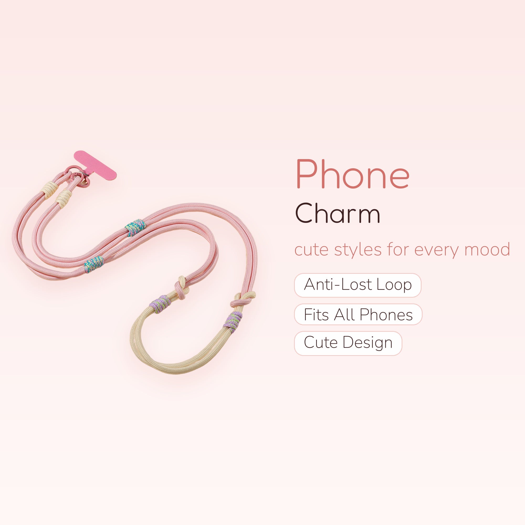 Pastel Pink & Cream Braided Phone Lanyard | Adjustable Crossbody Wrist Strap
