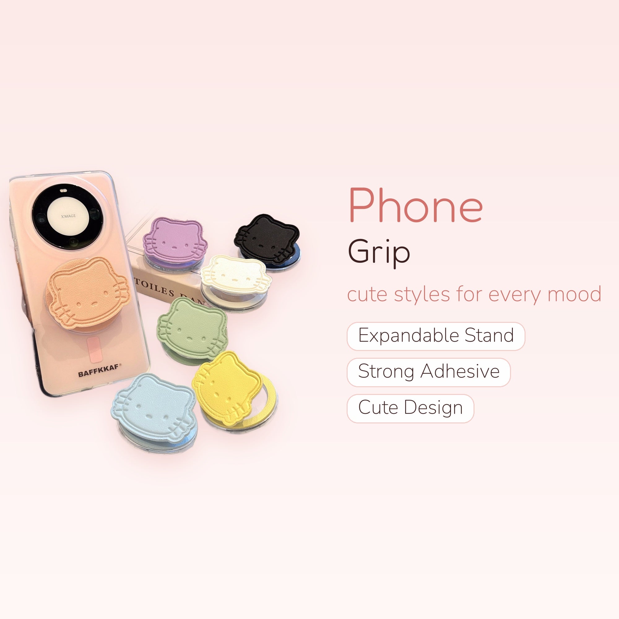 Kawaii Hello Kitty Embossed Leather Phone Grip | Pastel Pop Socket Stand