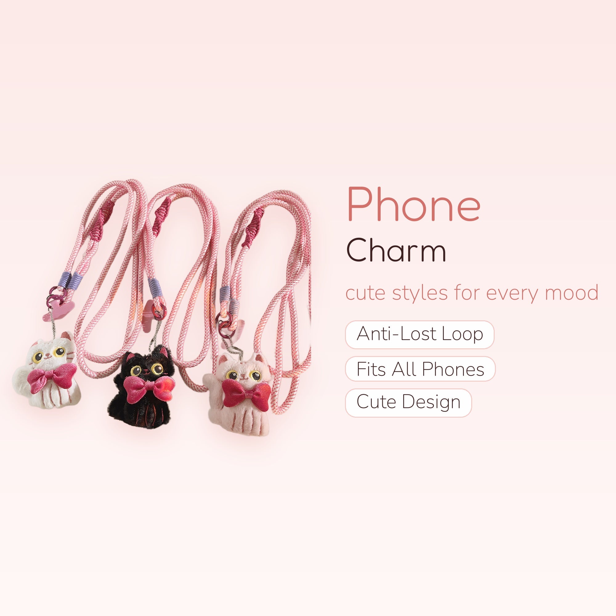 Cute Plush Cat Phone Charm Lanyard | Kawaii Pink Rope Strap with Kitty Pendants