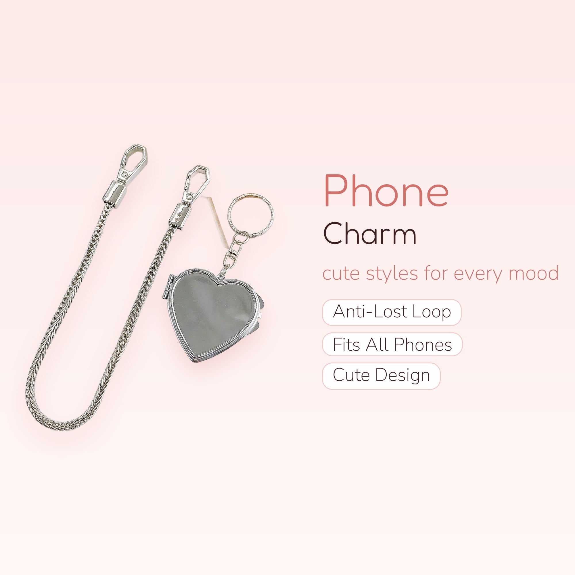 Silver Heart Locket Phone Charm | Aesthetic Metal Chain Wrist Strap