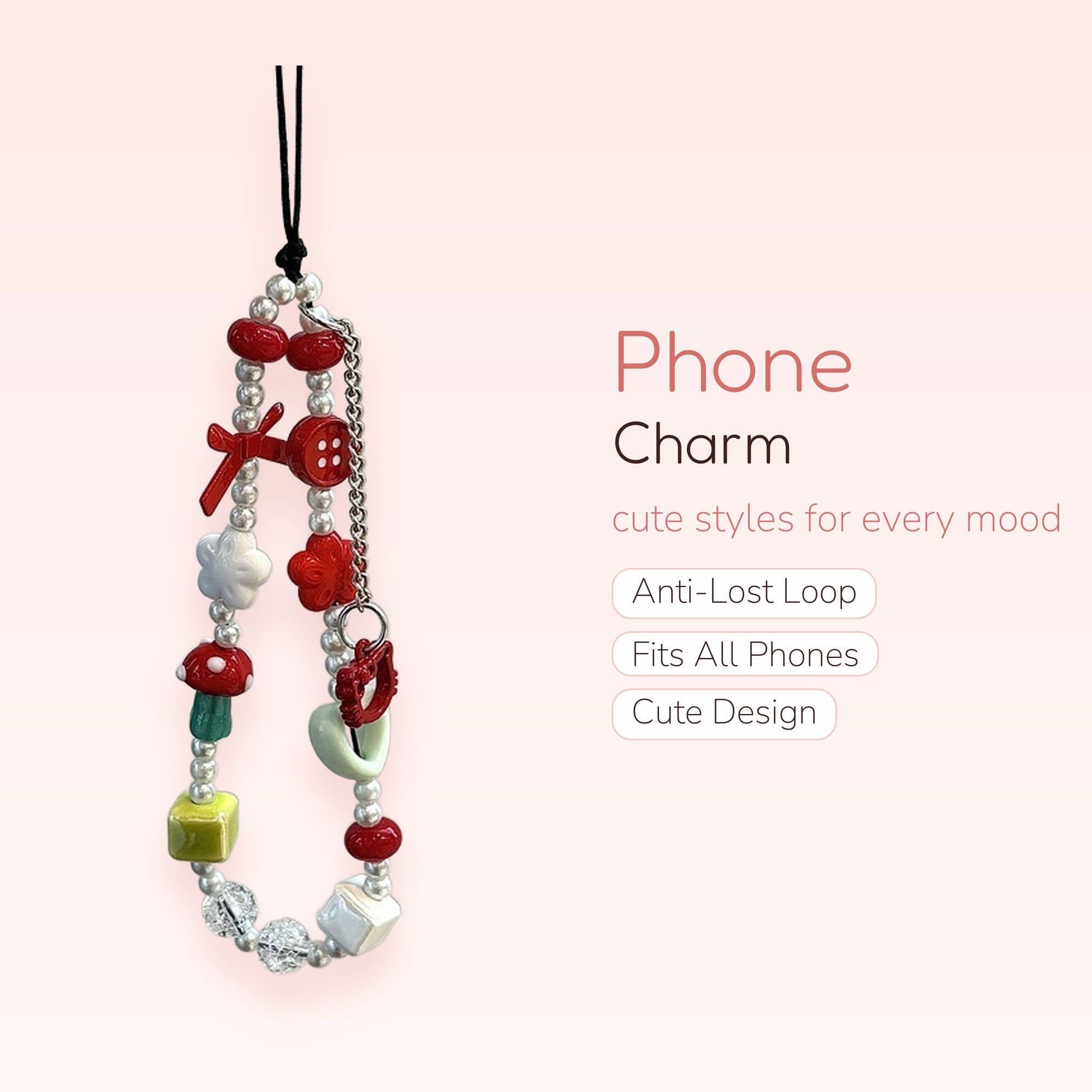Kawaii Red Mushroom & Pearl Beaded Phone Charm | Cute Y2K Aesthetic Phone Strap