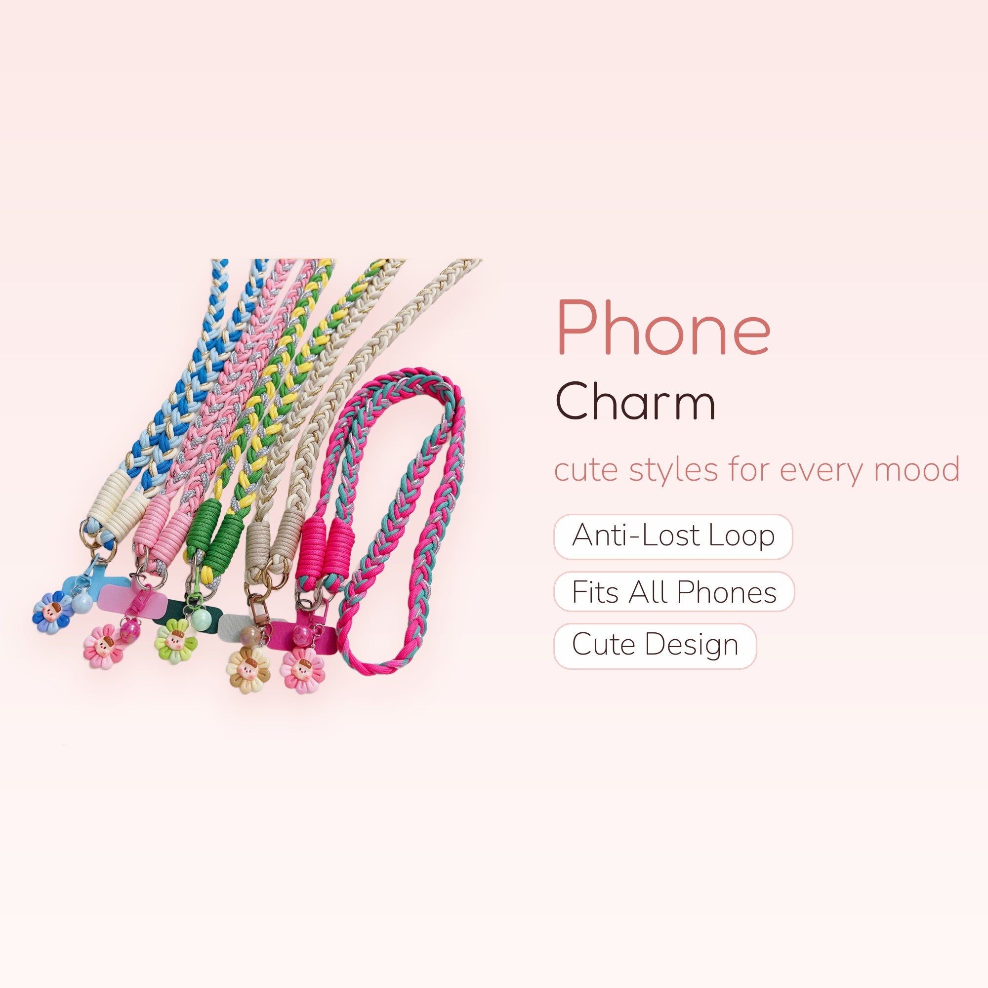 Braided Rainbow Phone Lanyard with Flower Charms | Kawaii Wrist Strap for Phone