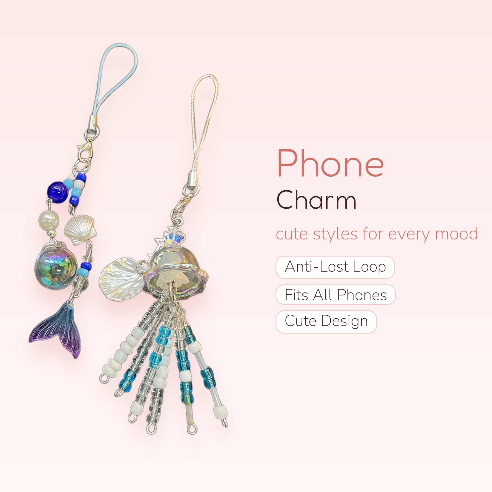 Aesthetic Mermaid & Jellyfish Phone Charm | Ocean Blue Beaded Strap