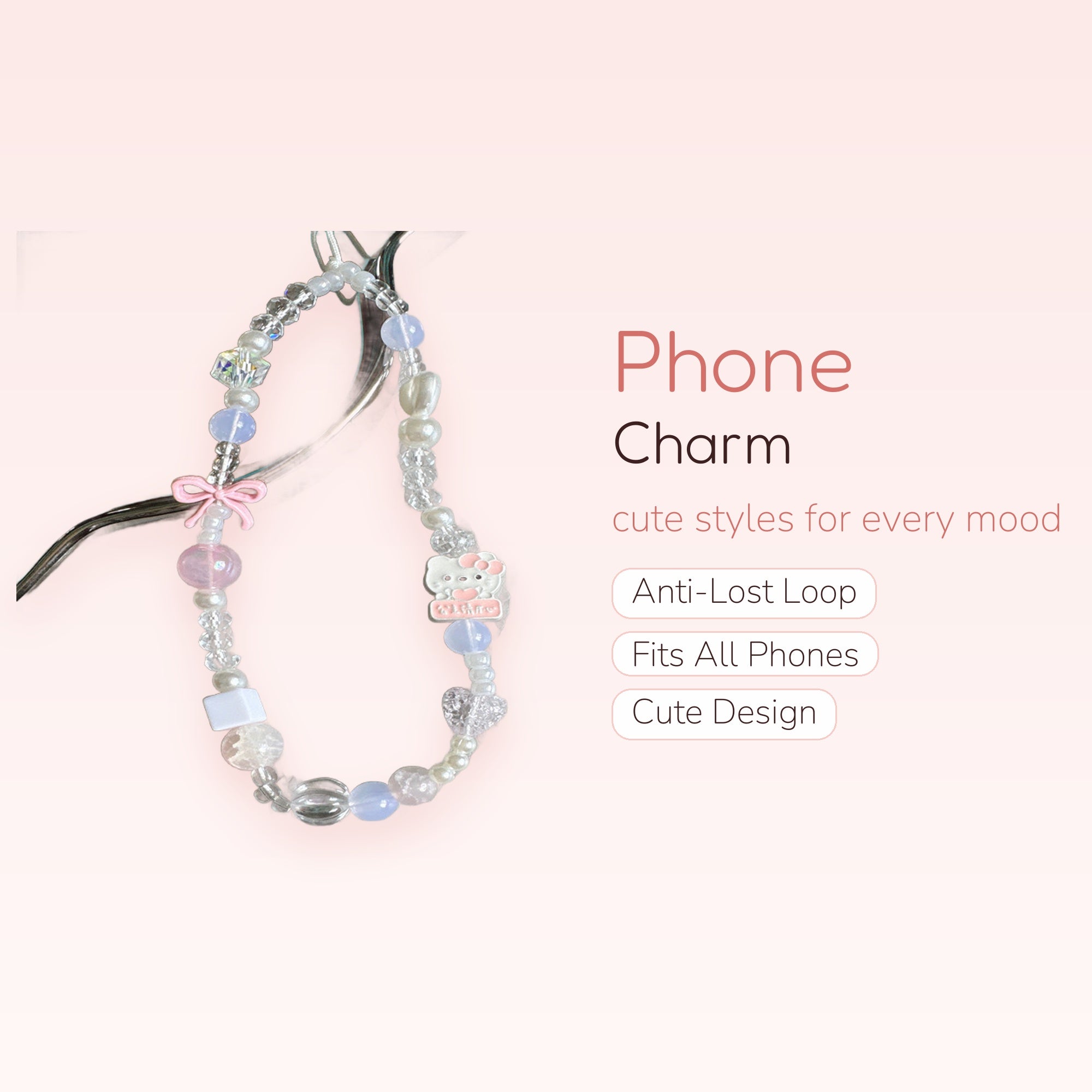 Kawaii Pastel Beaded Phone Charm Strap | Hello Kitty & Bow Wrist Lanyard