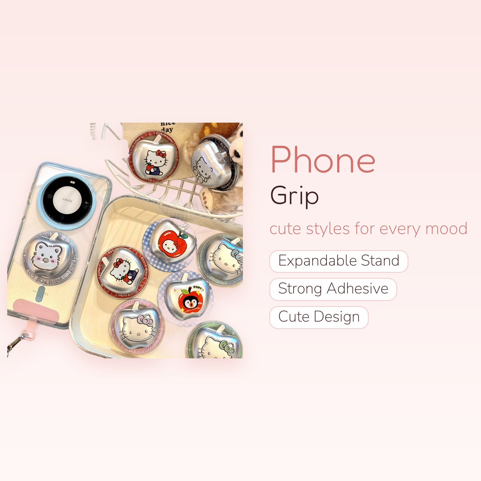 Kawaii Hello Kitty Apple Phone Grip | Silver Cartoon Pop Socket Stand