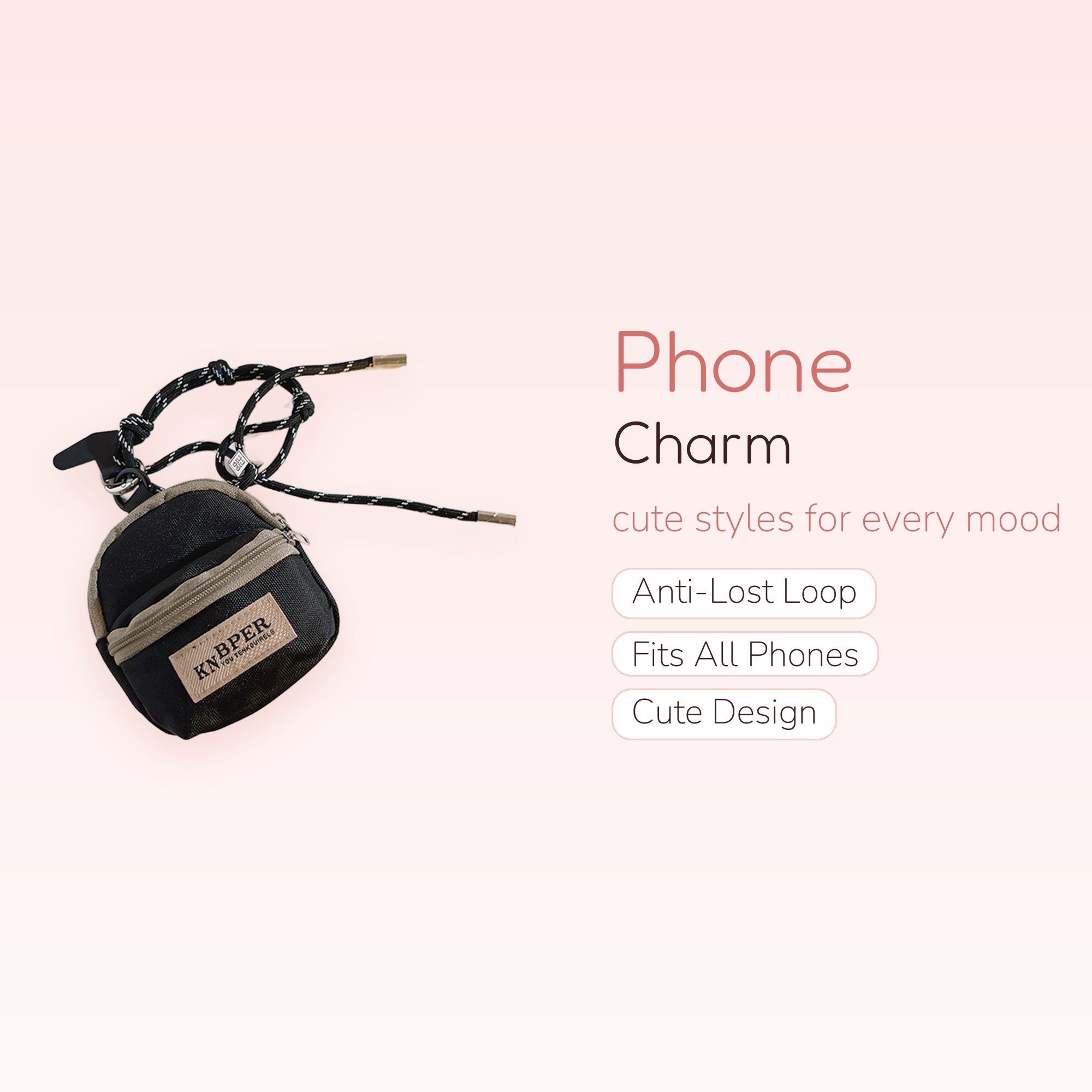 Miniature Backpack Phone Charm Lanyard | Aesthetic Black & Beige Strap