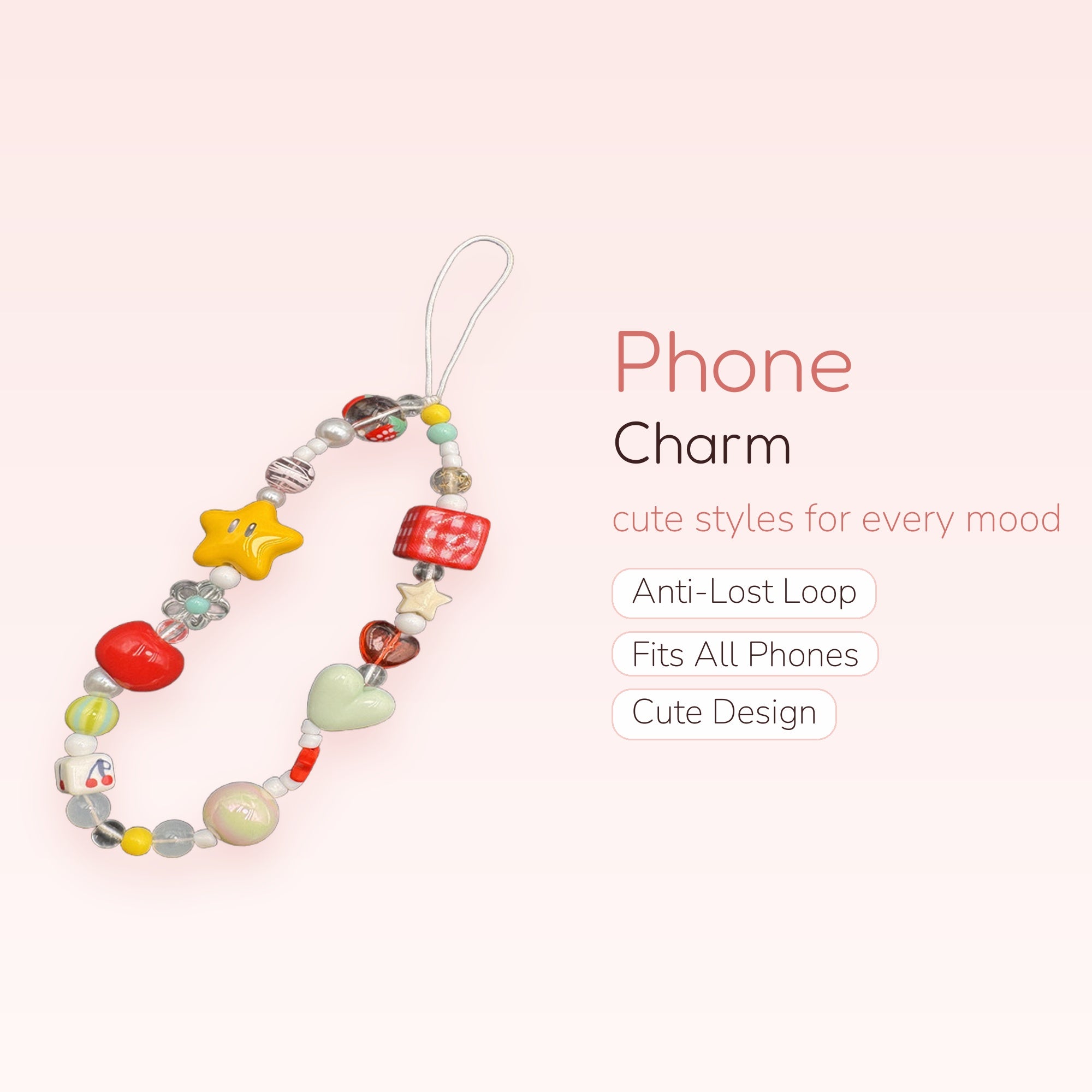 Kawaii Beaded Phone Charm Strap | Colorful Star Heart Cherry Wrist Lanyard