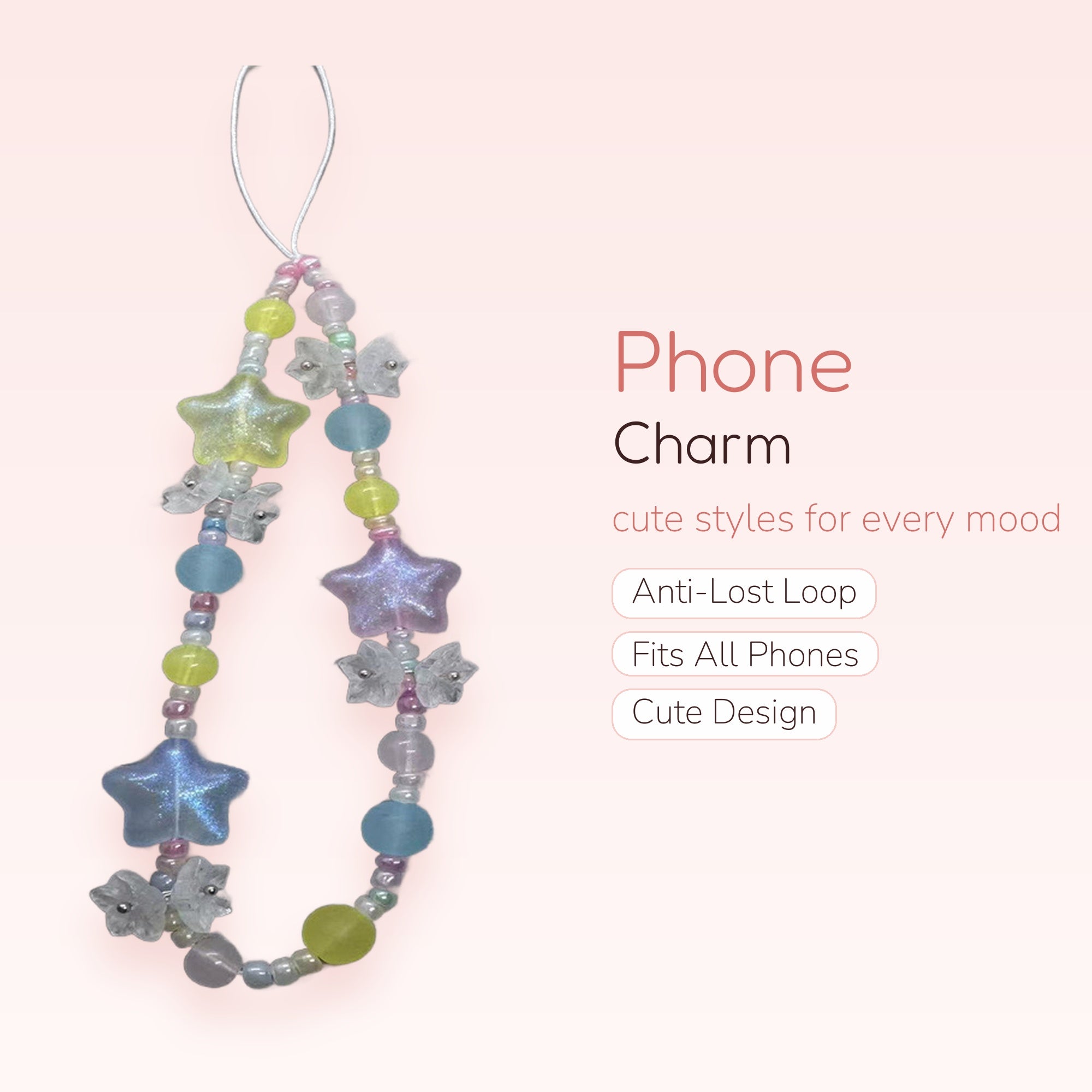 Pastel Star & Butterfly Phone Charm Strap | Kawaii Beaded Wrist Lanyard