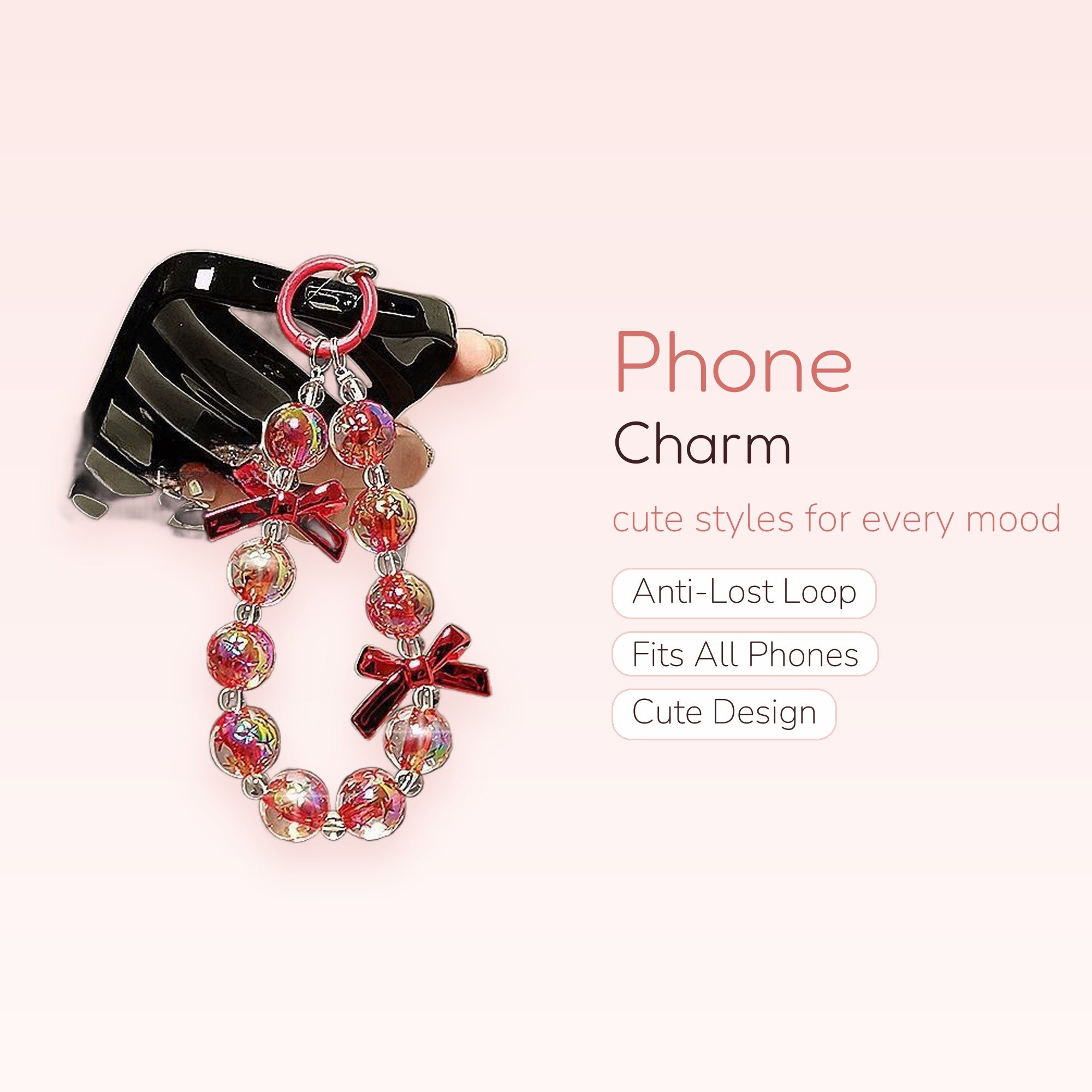 Aesthetic Red Bow & Iridescent Beaded Phone Charm | Y2K Wrist Strap Lanyard