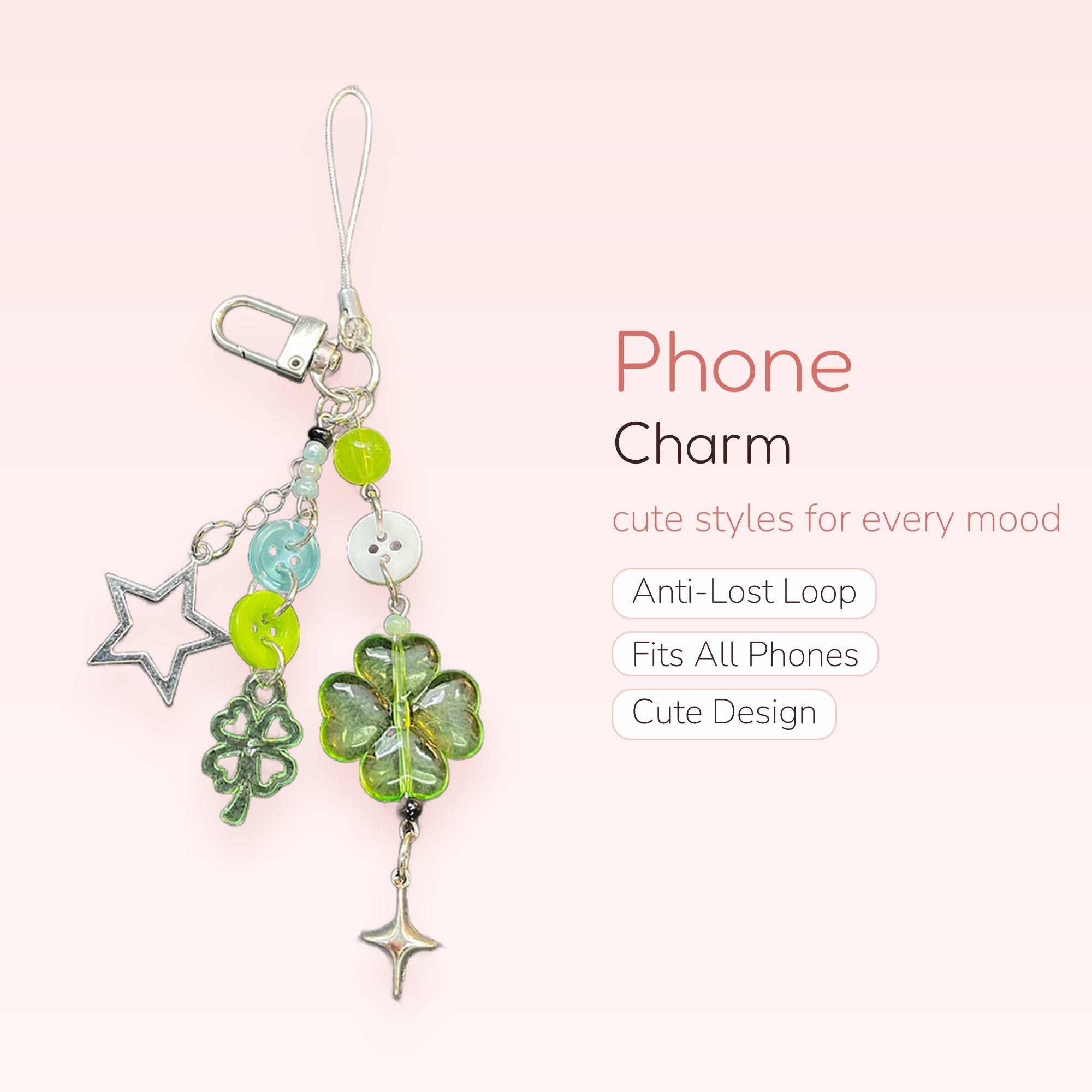 Aesthetic Green Clover & Star Phone Charm | Y2K Beaded Keychain Strap