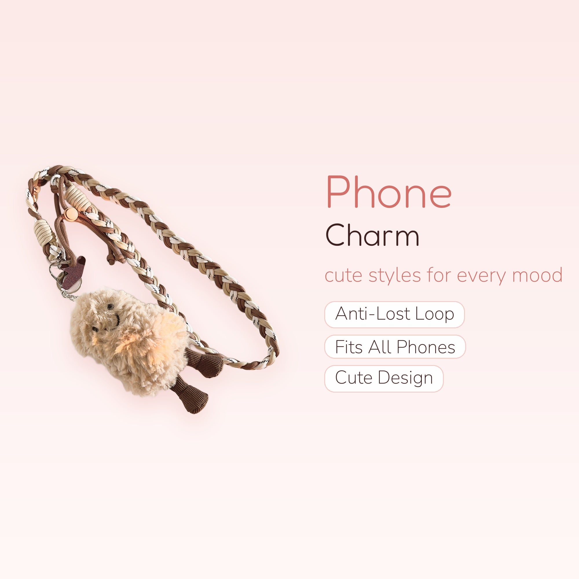 Braided Lanyard Phone Charm with Fluffy Sheep | Aesthetic Wrist Strap Keychain