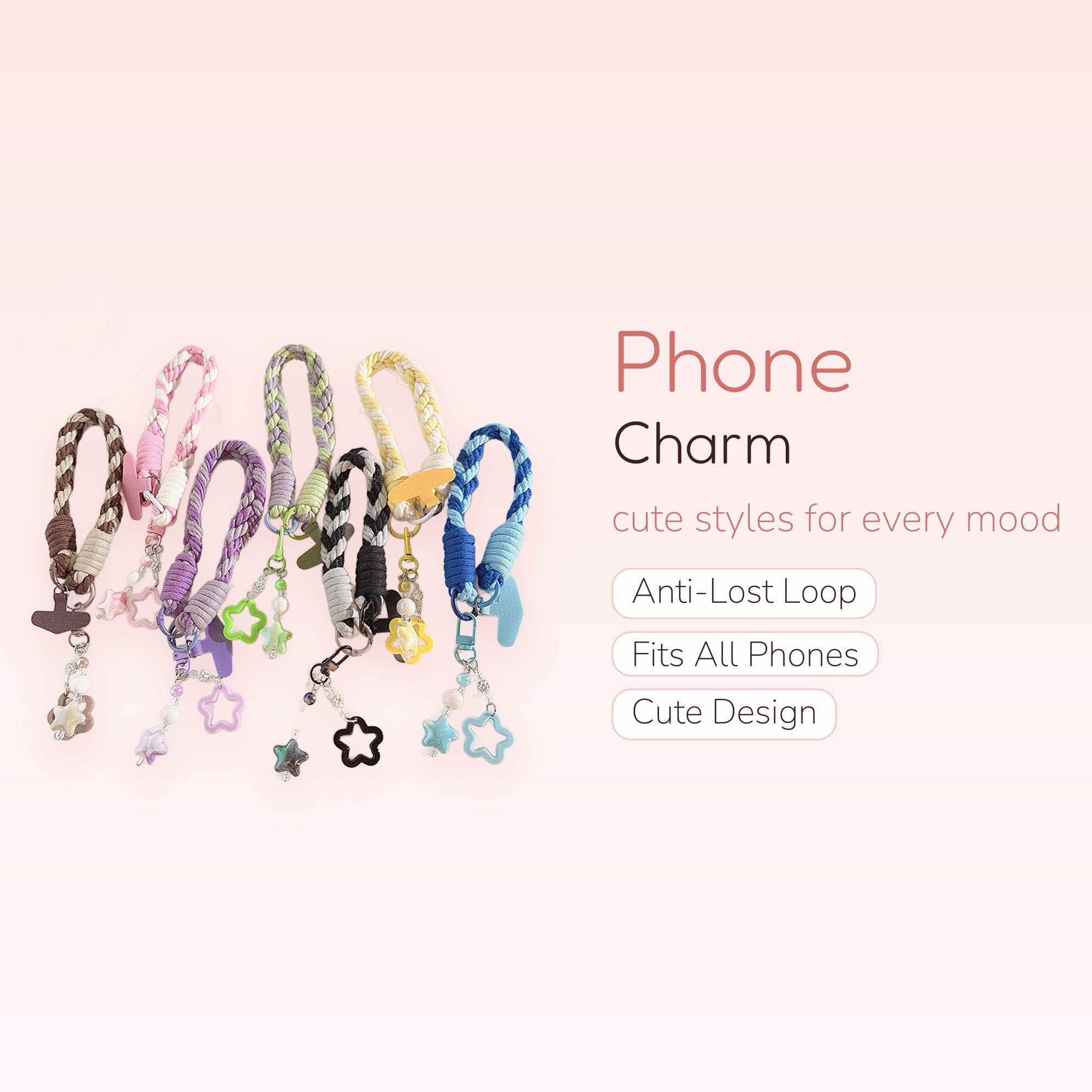 Braided Wrist Strap Phone Charm | Pastel Star Beaded Lanyard
