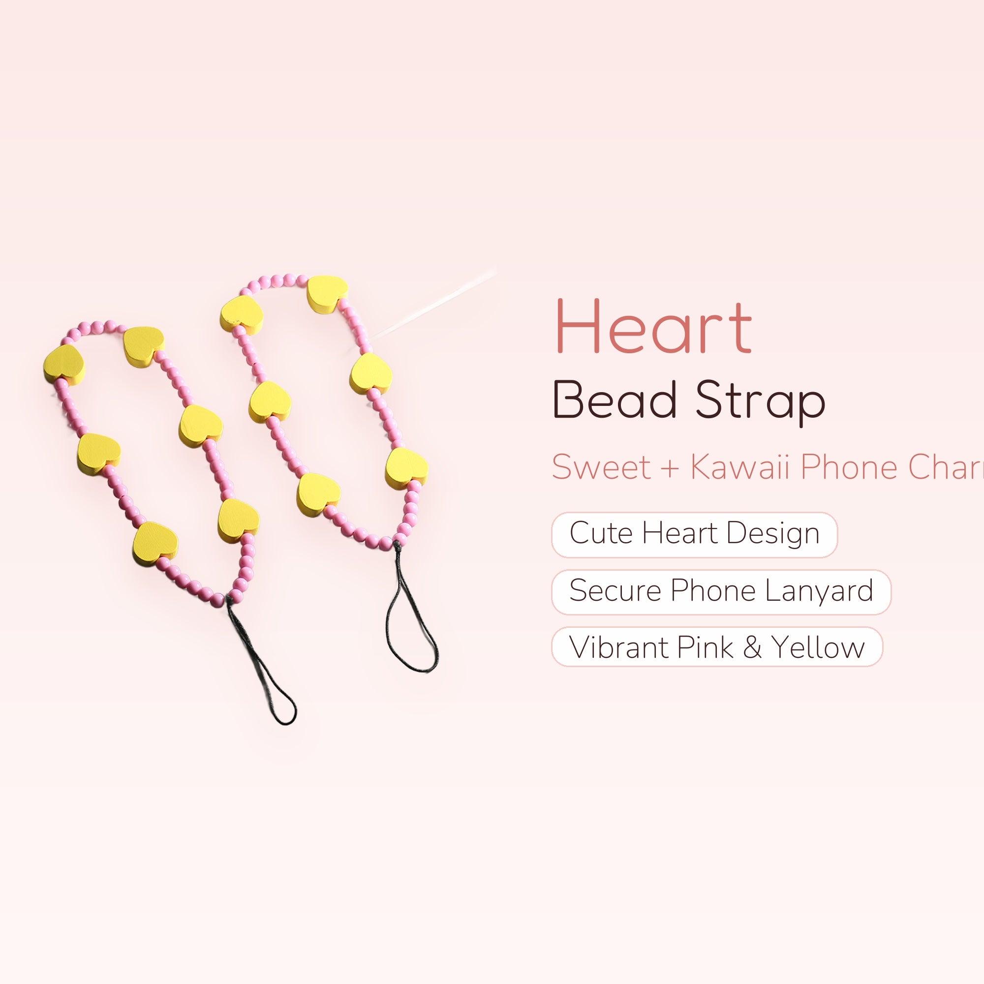 Kawaii Heart Bead Phone Charm Strap | Cute Pink & Yellow Lanyard