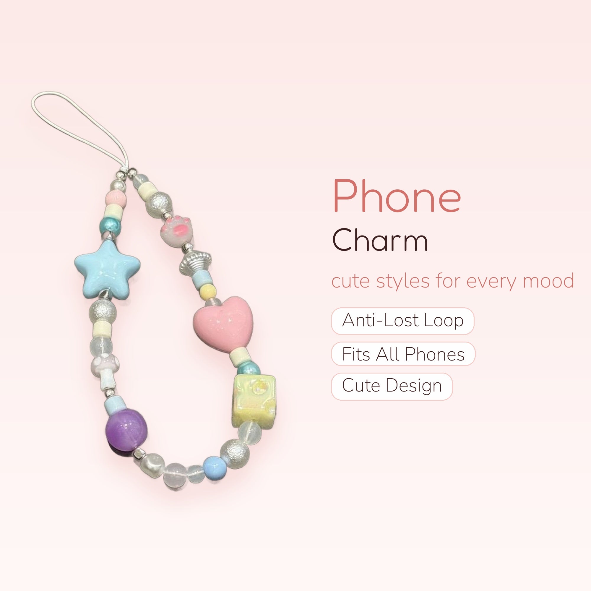 Kawaii Pastel Beaded Phone Charm Strap | Cute Star Heart Mushroom Wrist Lanyard