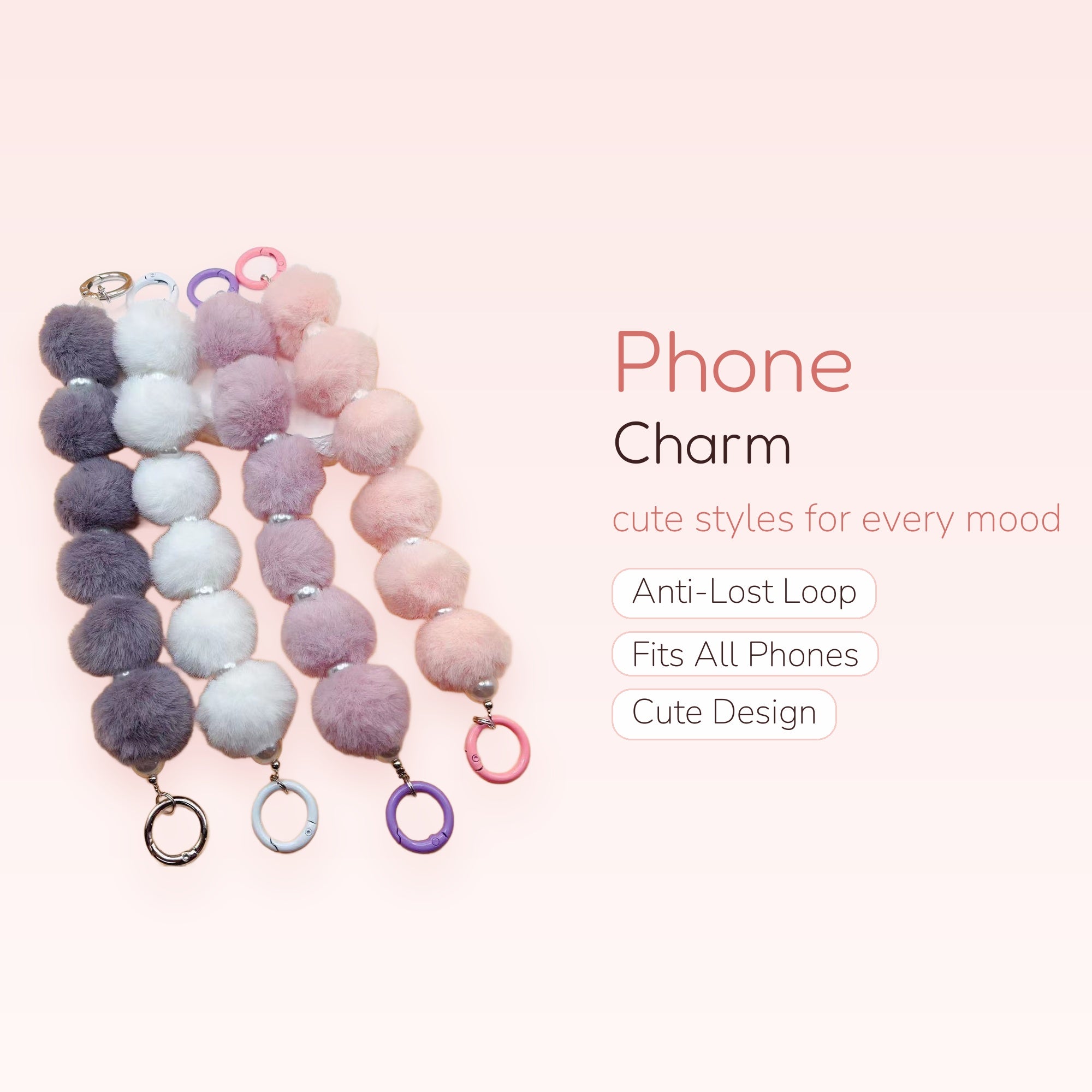 Fluffy Pom Pom Phone Charm | Pastel Faux Fur Pearl Keyring Lanyard