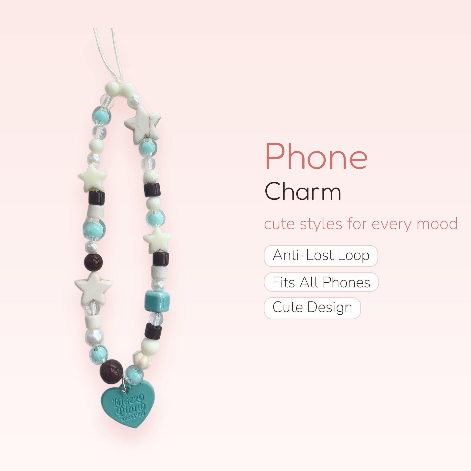 Pastel Blue & Brown Beaded Phone Charm | Kawaii Star & Heart Wrist Strap
