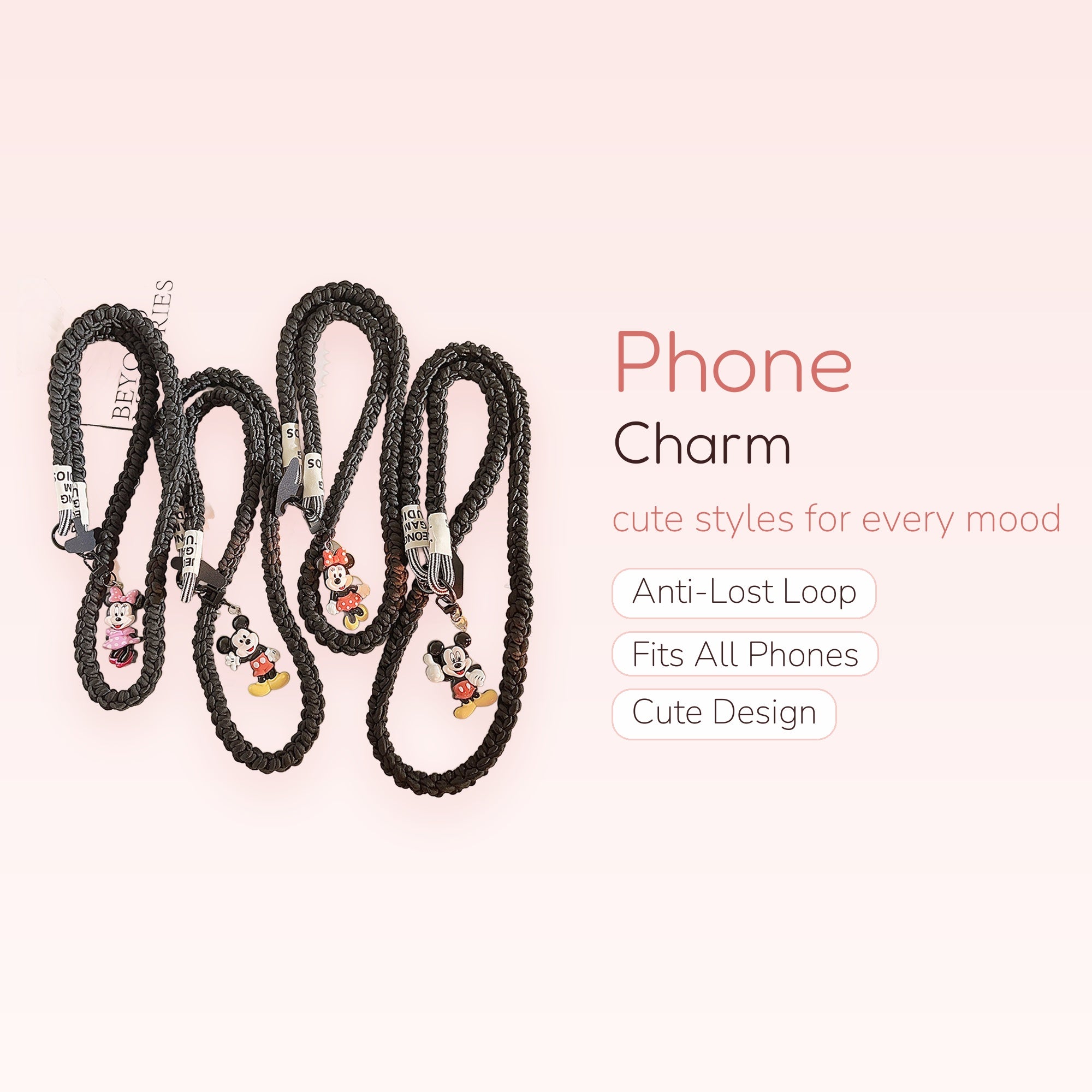 Braided Mickey & Minnie Phone Charm Lanyard | Cute Cartoon Character Strap