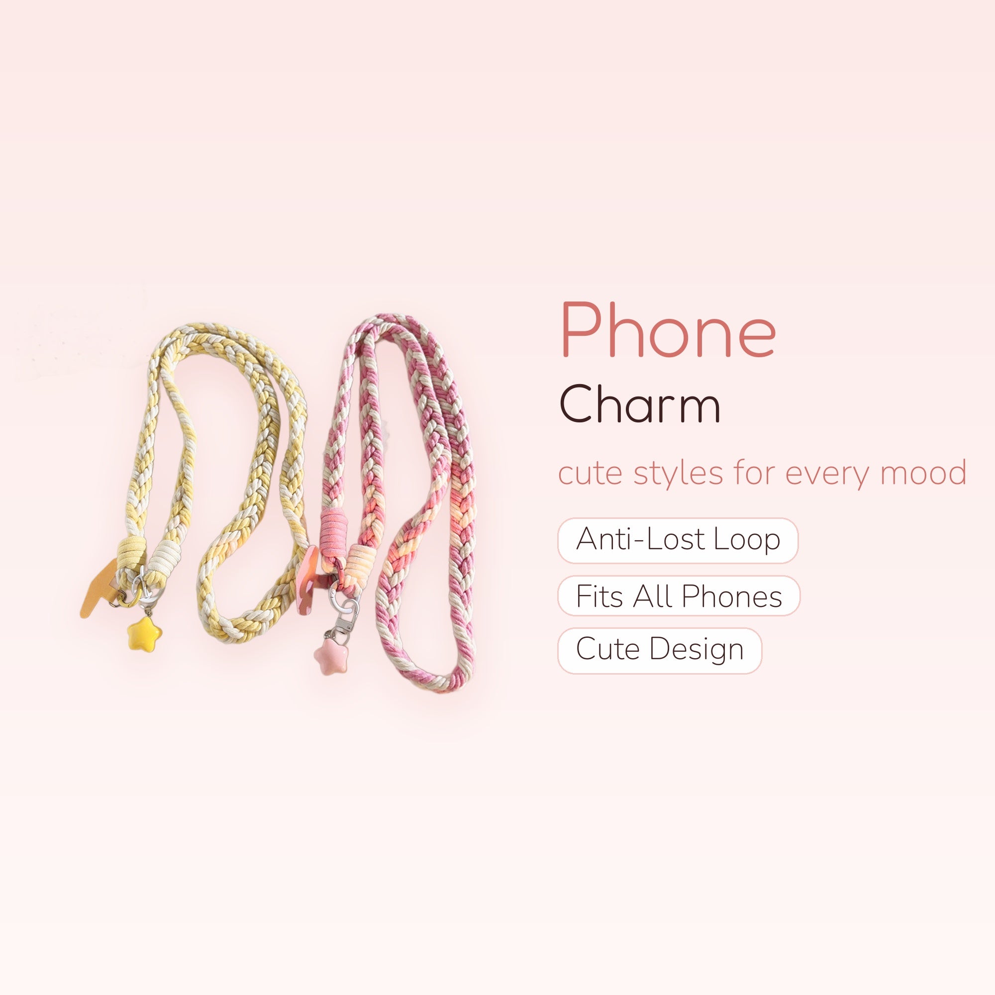 Braided Cotton Phone Lanyard with Star Charm | Kawaii Wrist Strap for Phone