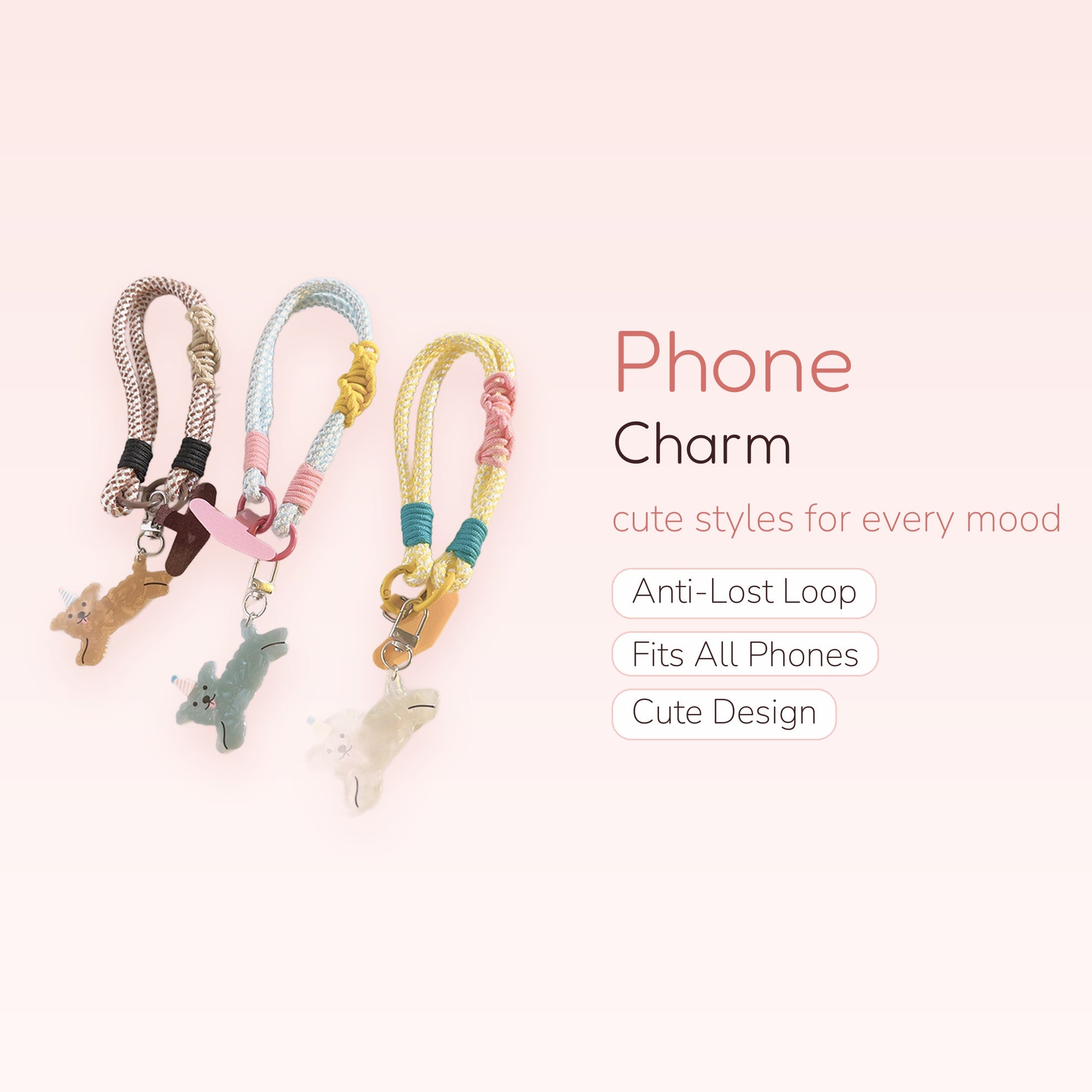Cute Braided Rope Phone Charm Wristlet | Kawaii Puppy Dog Lanyard Strap