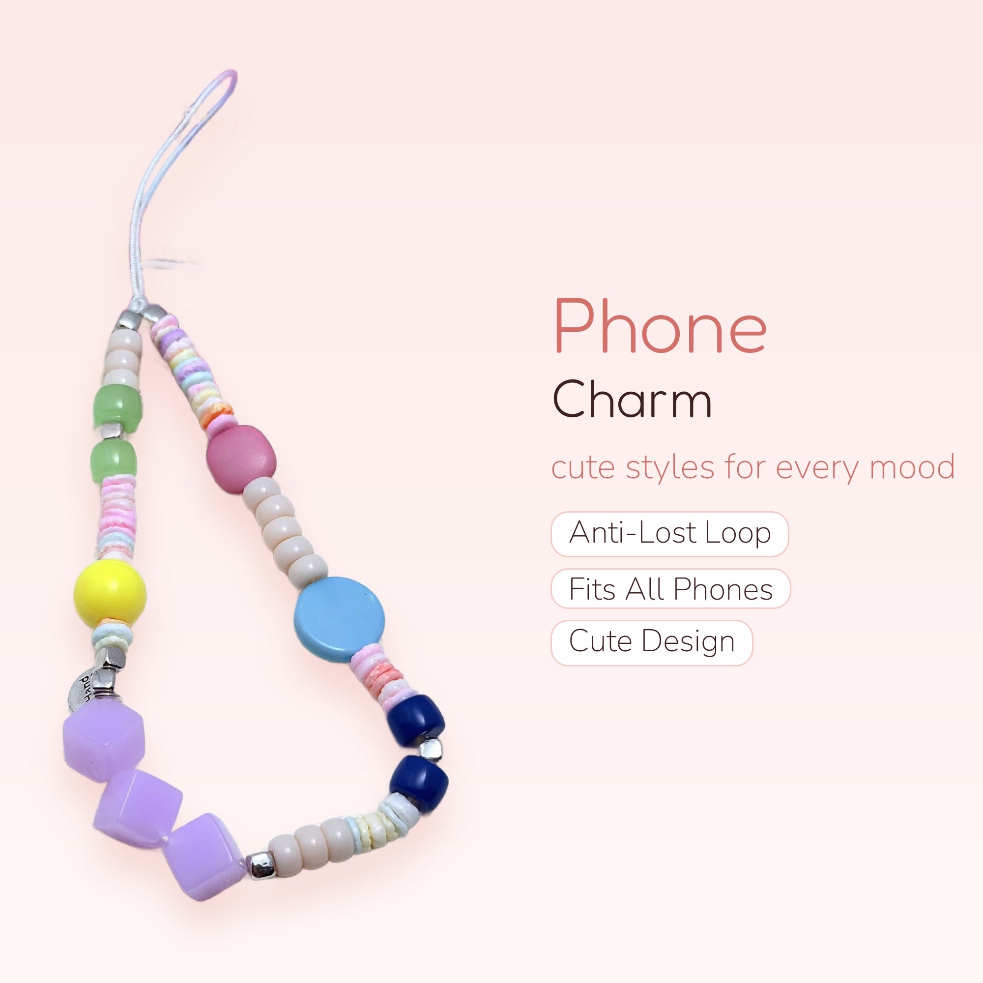 Kawaii Pastel Beaded Phone Charm Strap | Aesthetic Colorful Wrist Lanyard