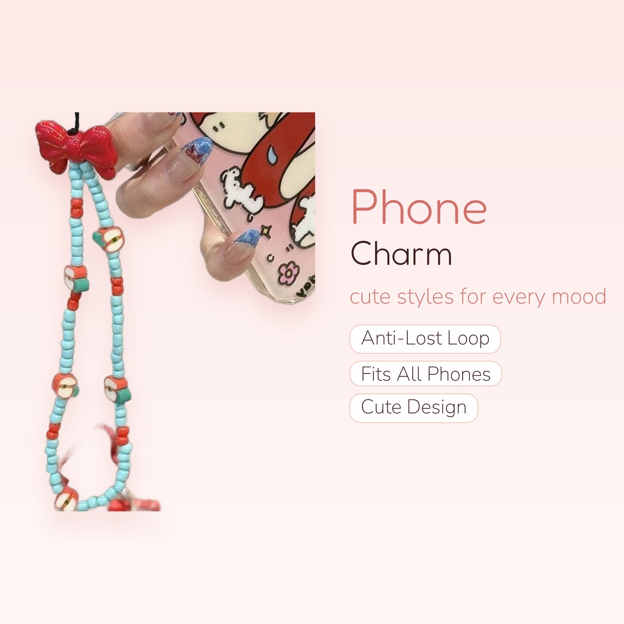 Cute Red Bow & Apple Beaded Phone Charm Strap | Aesthetic Blue & Red Wrist Lanyard