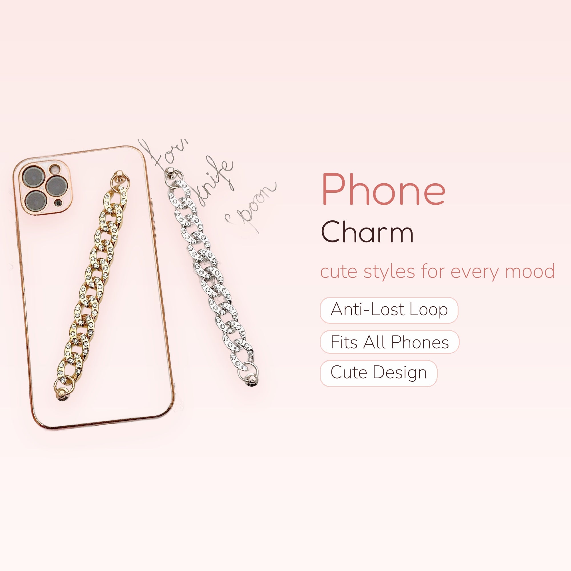 Rhinestone Chain Phone Charm | Gold & Silver Sparkle Wrist Strap