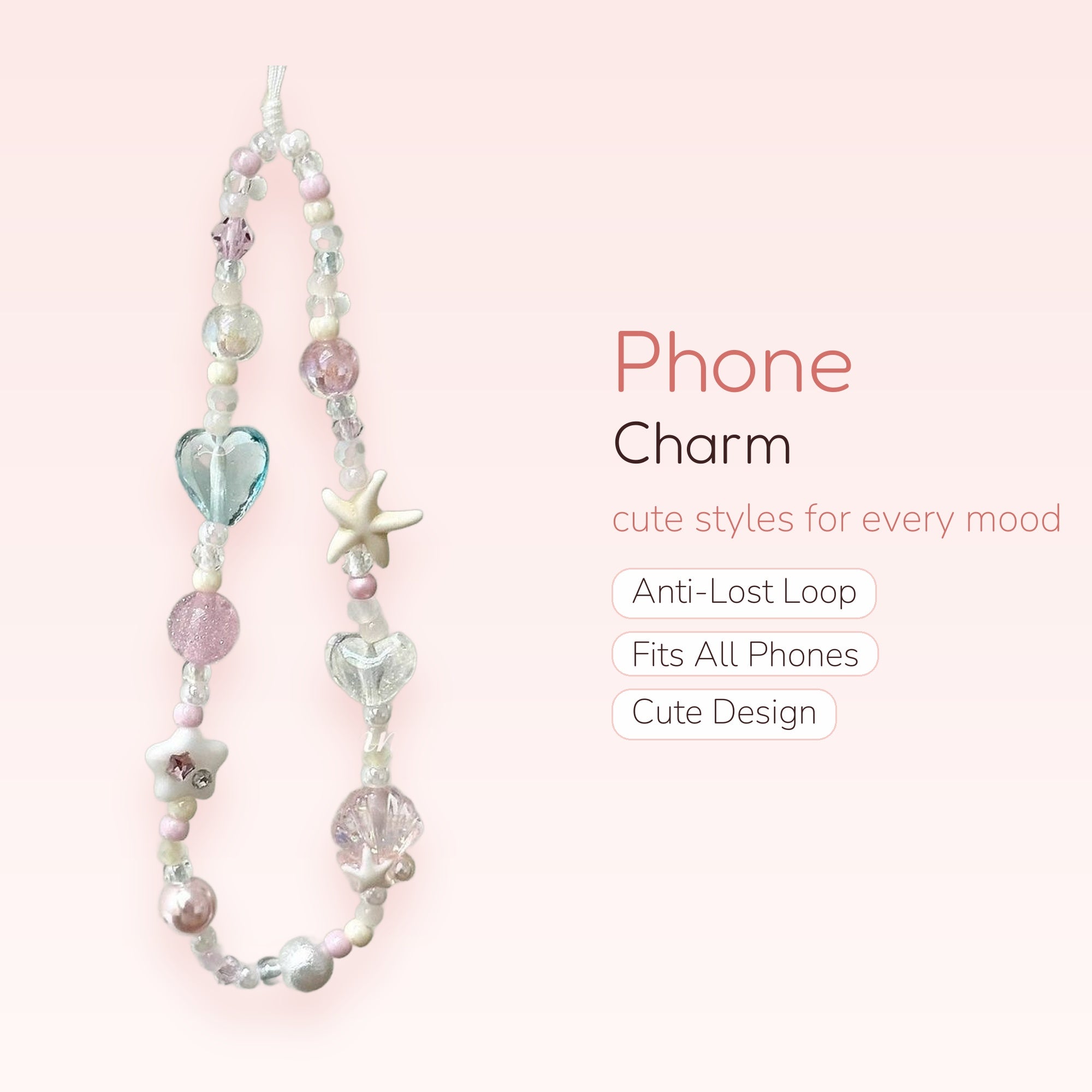 Pastel Beaded Phone Charm | Kawaii Pink & Blue Heart Starfish Wrist Strap
