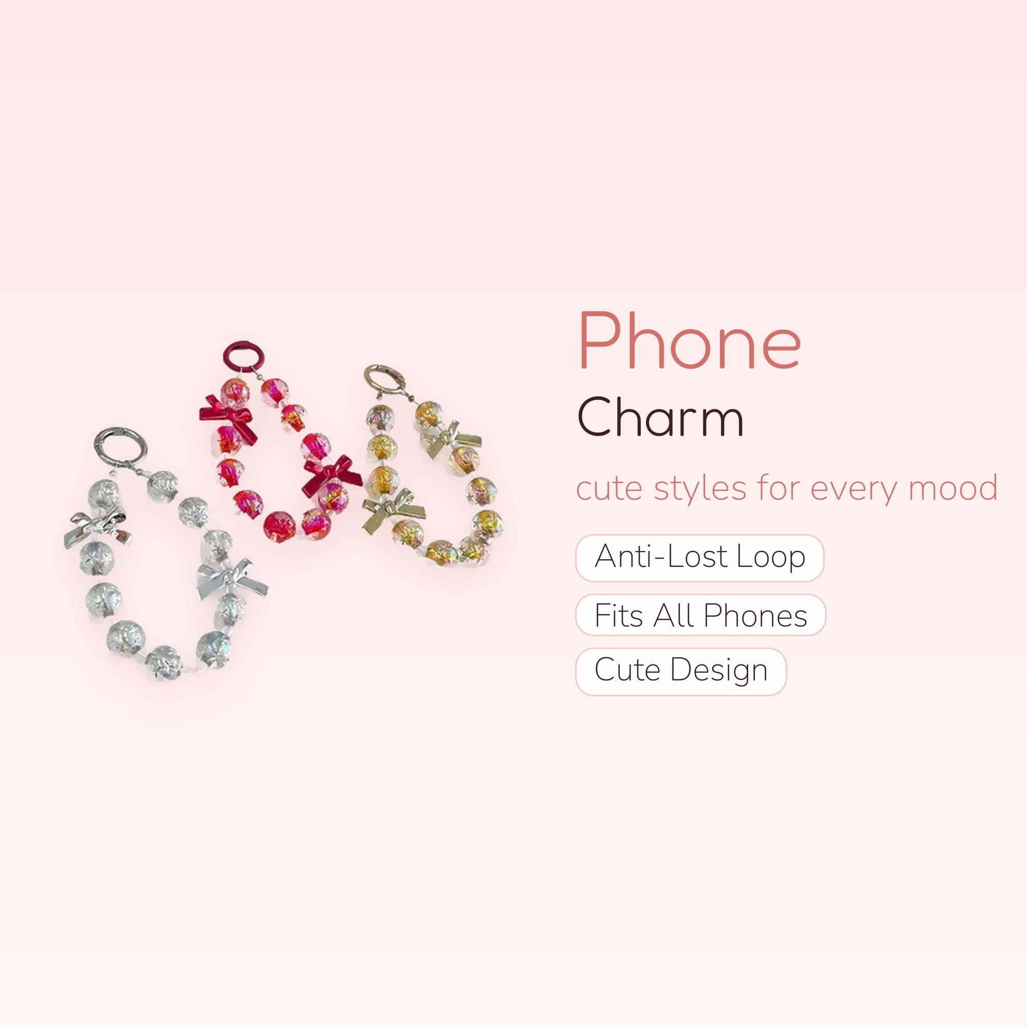 Sparkly Beaded Bow Phone Charm Strap | Y2K Aesthetic Wrist Lanyard