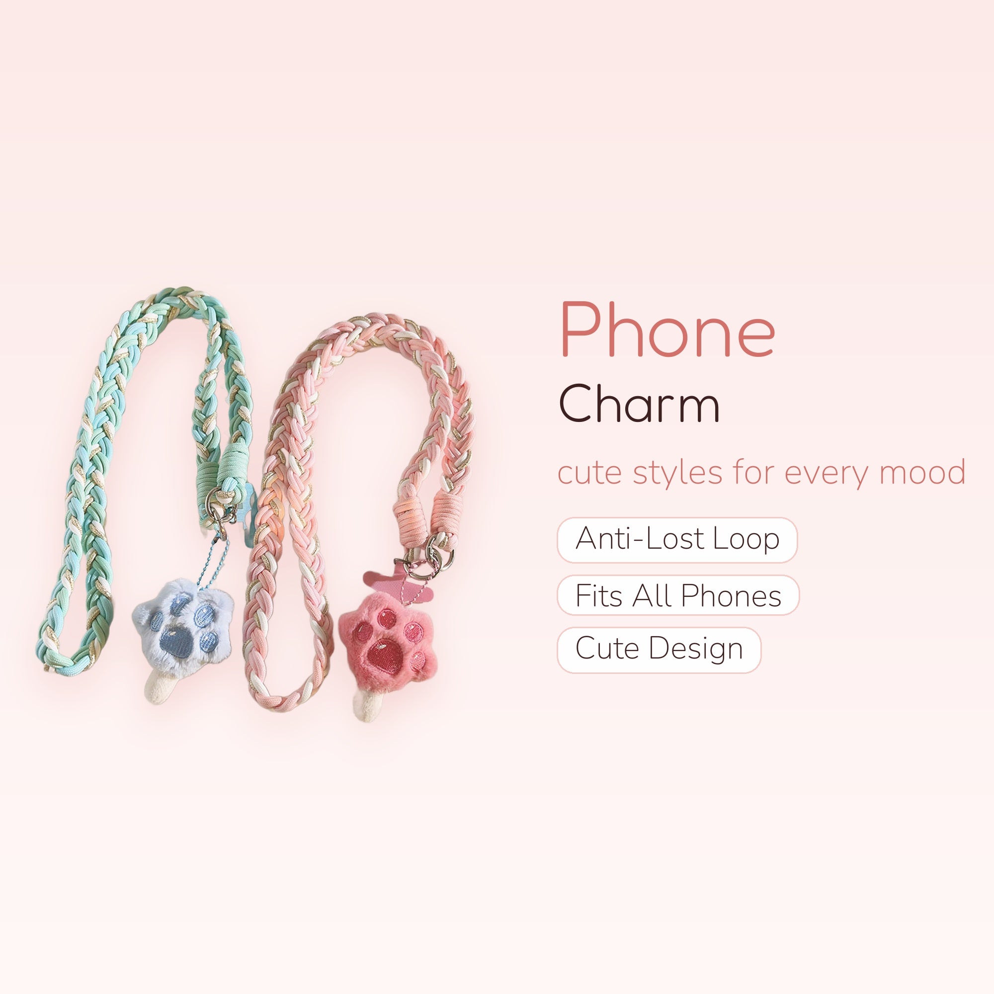 Braided Pastel Lanyard Phone Charm | Kawaii Paw Print Ice Cream Wrist Strap