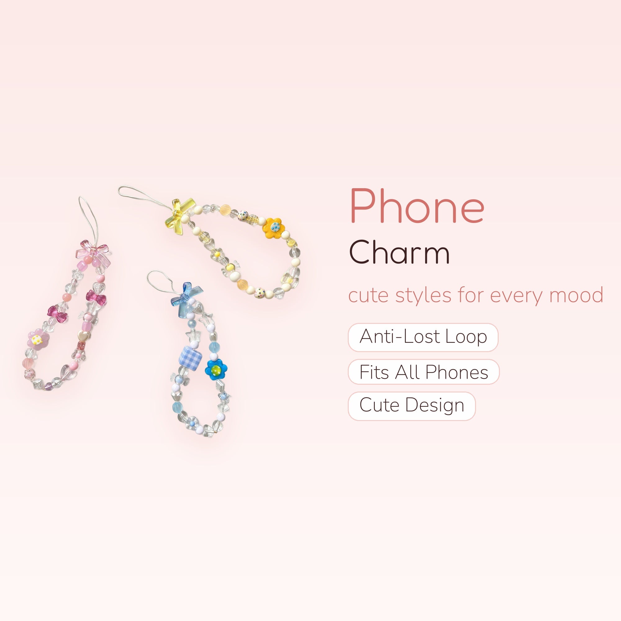 Kawaii Beaded Phone Charm Wristlet | Pastel Bow & Flower Phone Strap